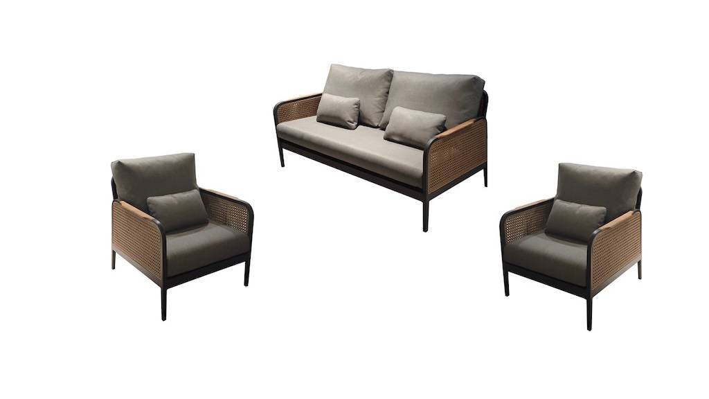 Proloisirs - Set salon bas RAPHIA – 1 canapé 2 places + 2 fauteuils – Graphite / Naturel / Gris