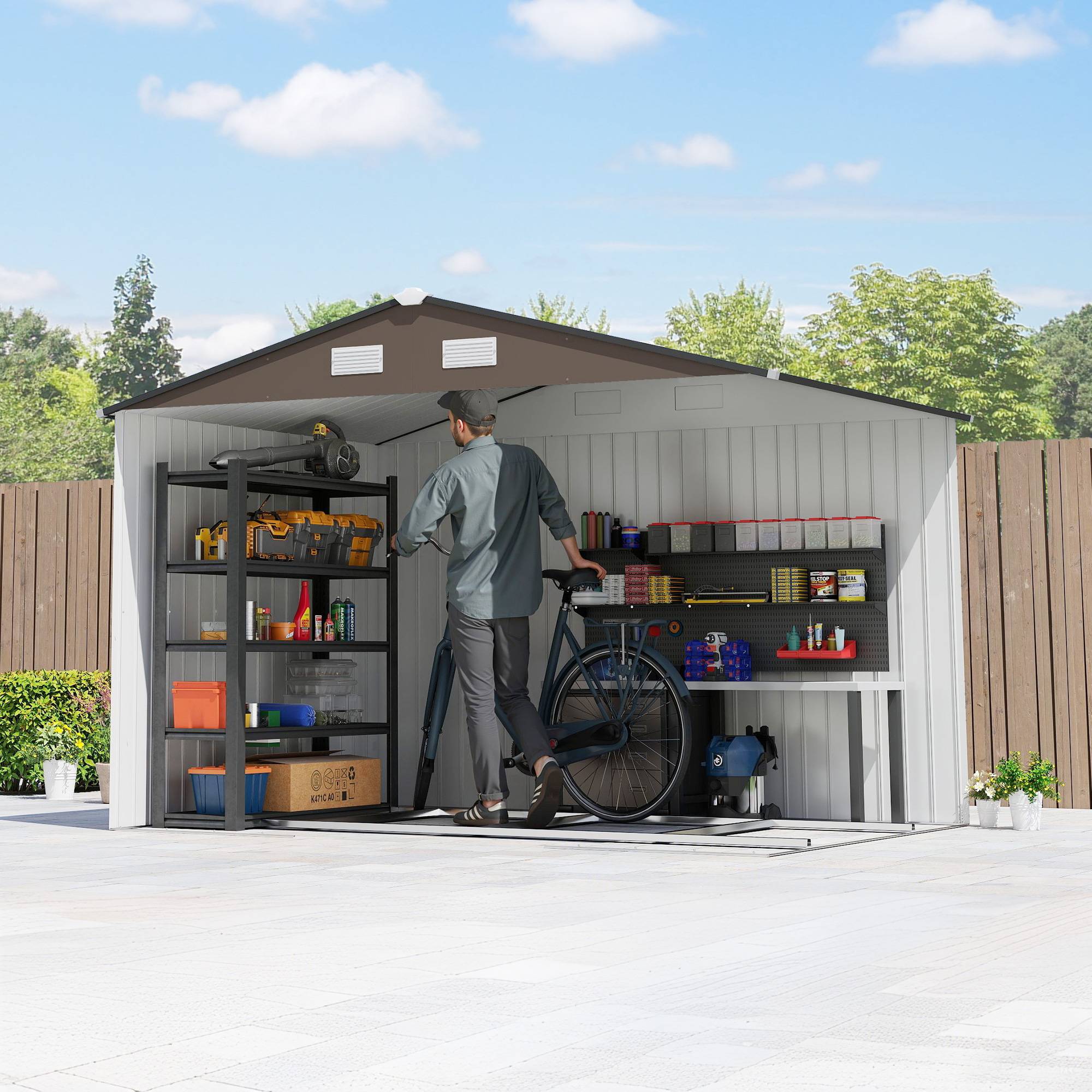 Outsunny - Abri de jardin 5,4m² - kit de fondation, porte coulissante verrouillables 4 aérations - 277x195x192cm - marron - Outsunny - Image 8