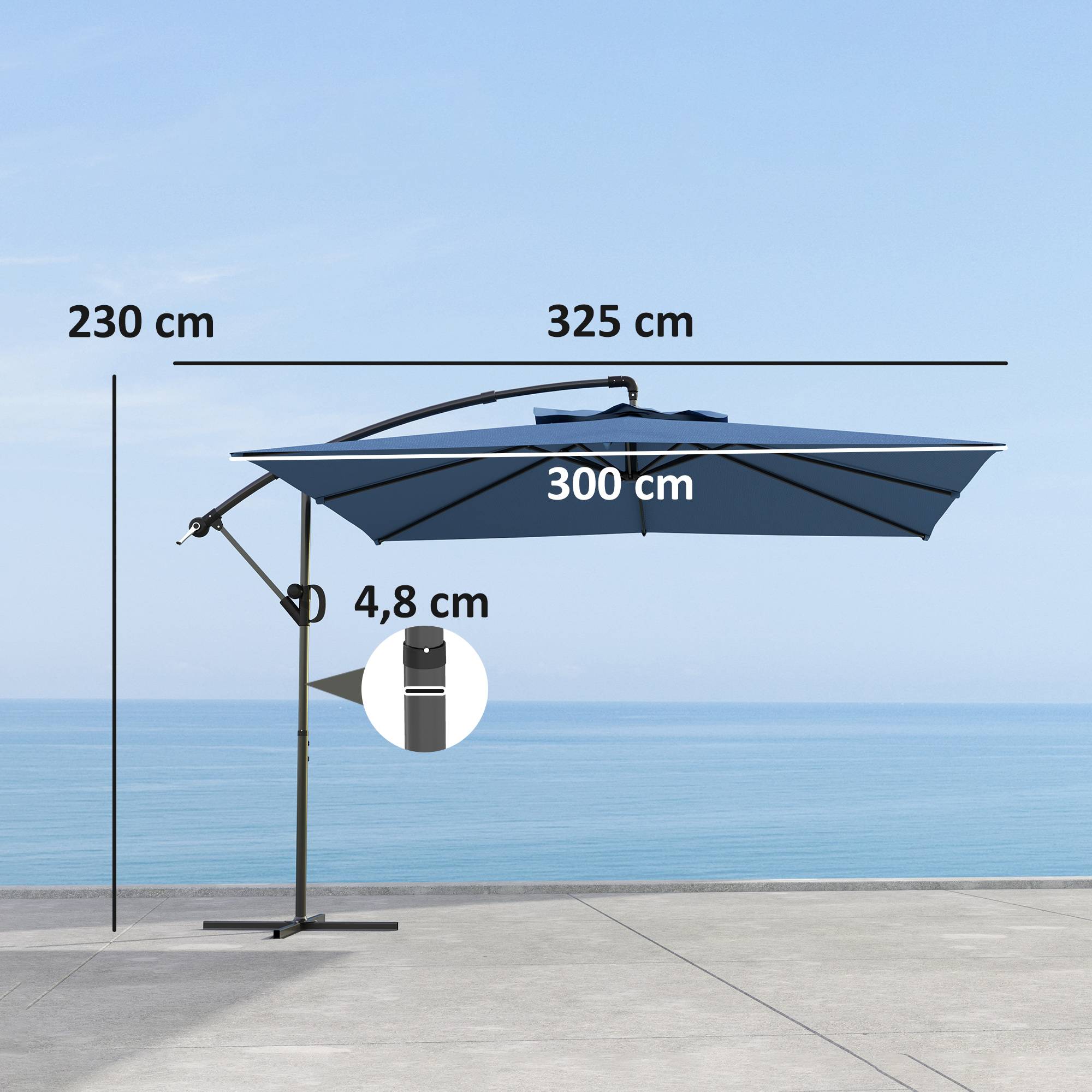 Parasol déporté carré 3 x 3 m avec manivelle, base croisée, parasol inclinable et rotation à 360°, toile 180 g/m² bleu - Image 5