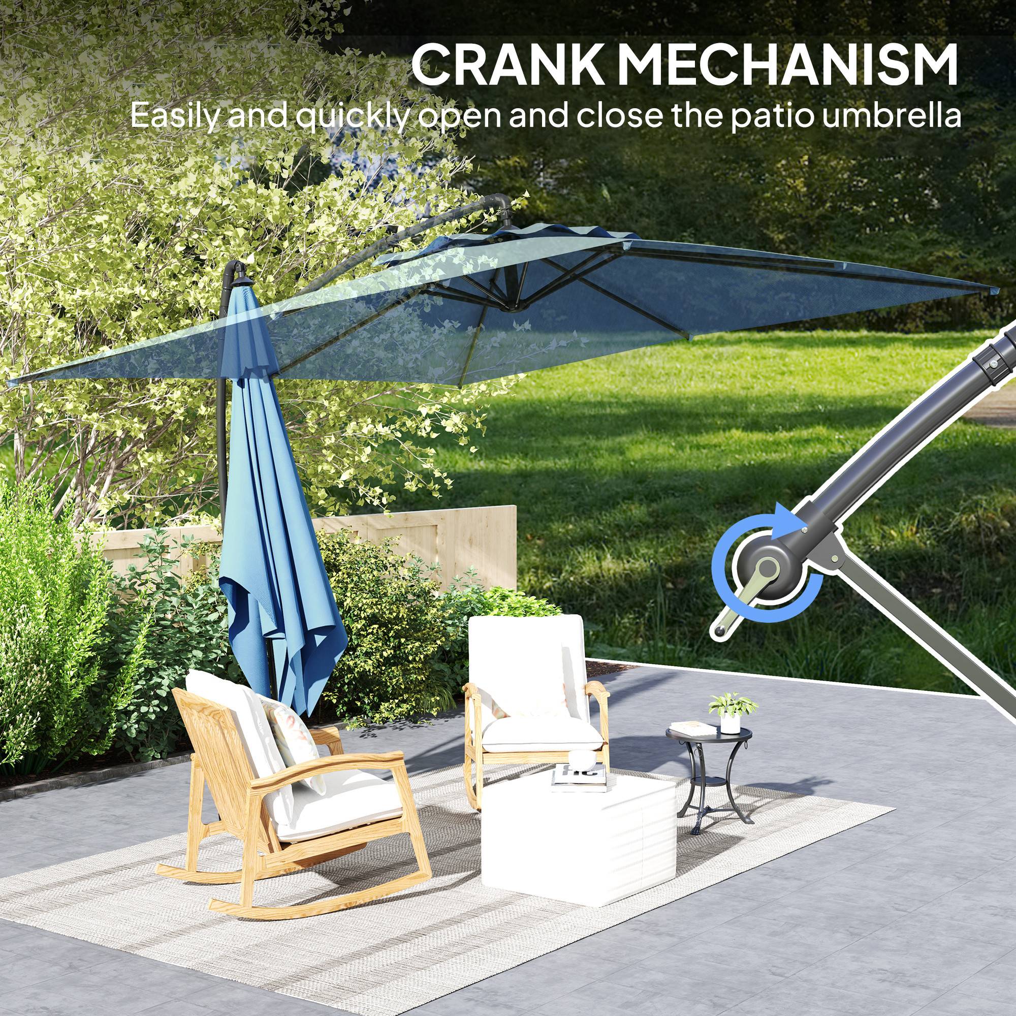 Parasol déporté carré 3 x 3 m avec manivelle, base croisée, parasol inclinable et rotation à 360°, toile 180 g/m² bleu - Image 10