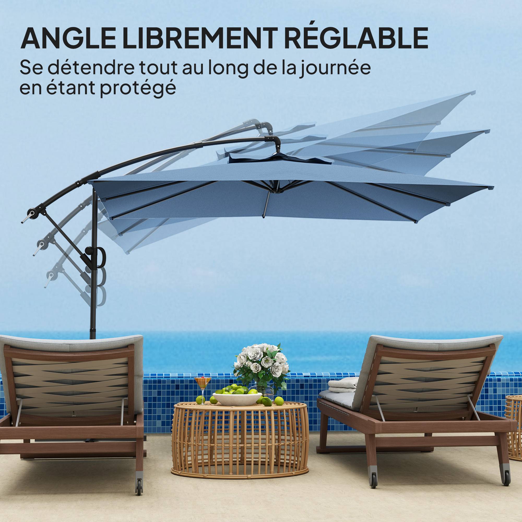 Parasol déporté carré 3 x 3 m avec manivelle, base croisée, parasol inclinable et rotation à 360°, toile 180 g/m² bleu - Image 8