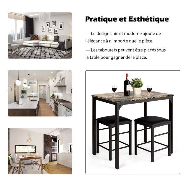 Helloshop26 - Table haute cuisine avec 2 tabourets table bar cuisine cadre en métal mange-debout industriel pour bistro salle à manger cuisine café - Imagen 6
