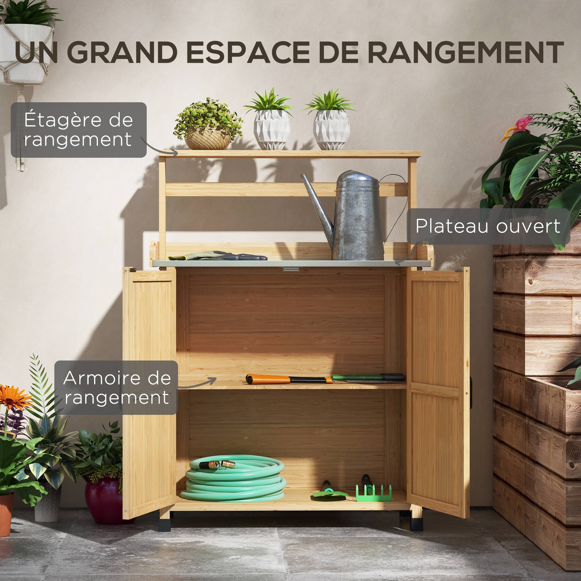 Table de rempotage table de jardinage avec placard et étagères et plateau patins antidérapants en bois sapin jaune - Image 7