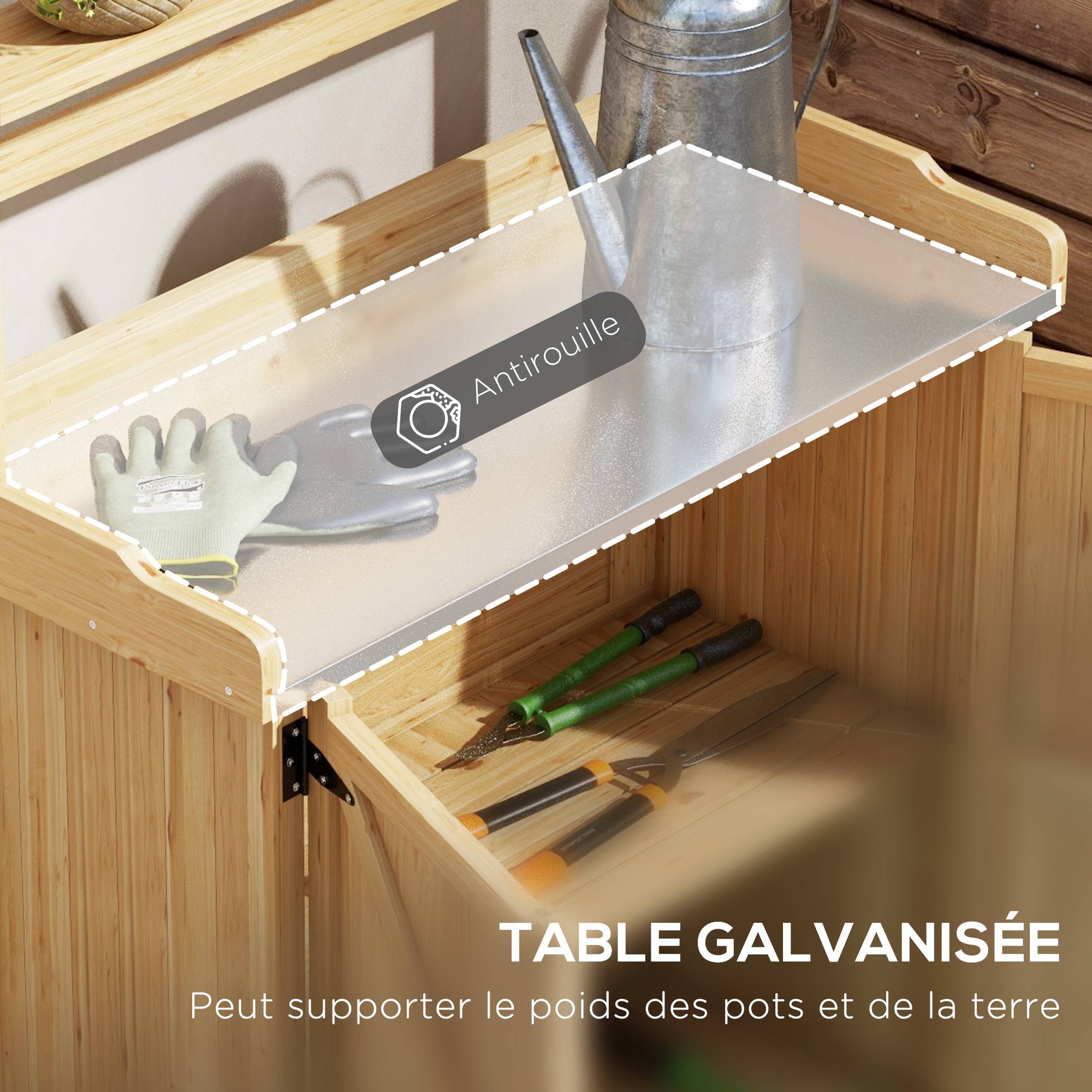 Table de rempotage table de jardinage avec placard et étagères et plateau patins antidérapants en bois sapin jaune - Image 6