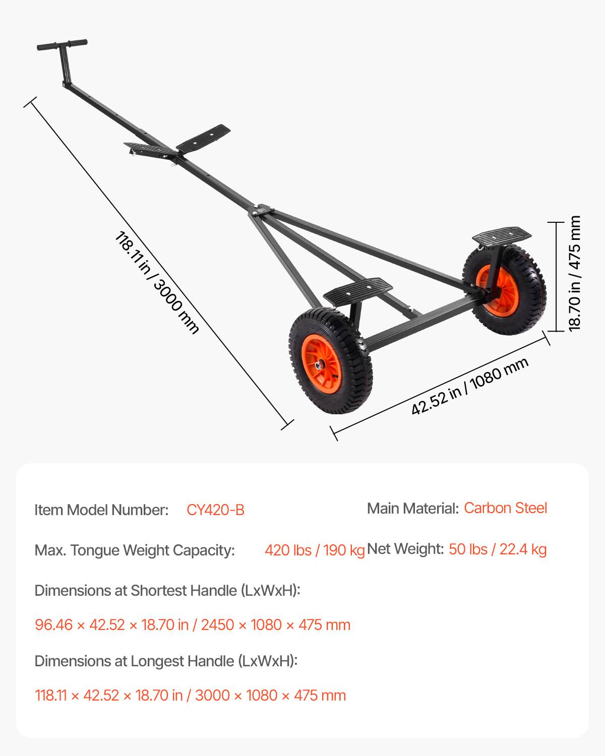 Vevor - VEVOR Chariot remorque bateau, charge languette 190 kg. Pneus 40 cm, acier carbone. - Image 6