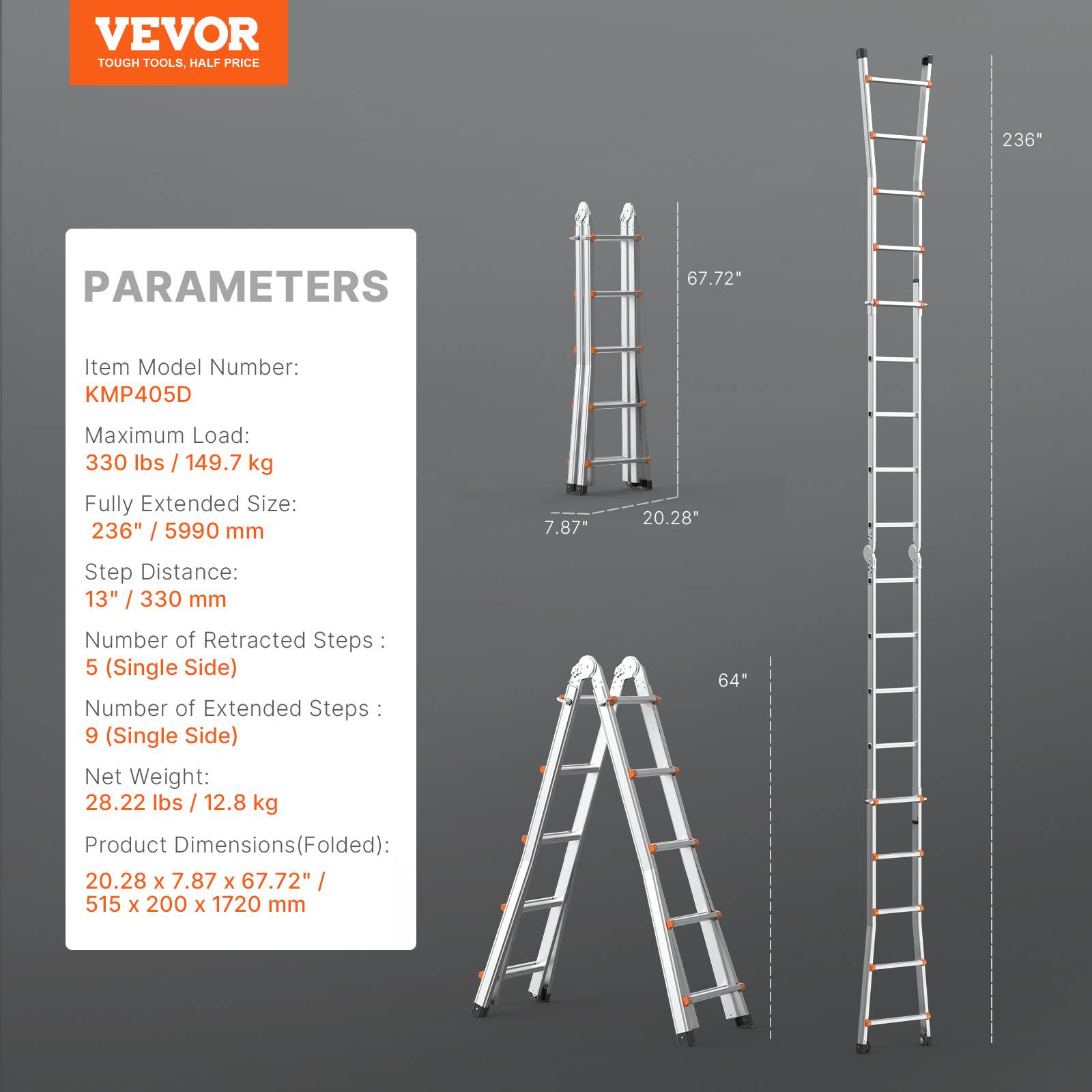 VEVOR Échelle télescopique A aluminium 19 pieds, portable, charge 330 lb, pour intérieur et extérieur. - Image 7