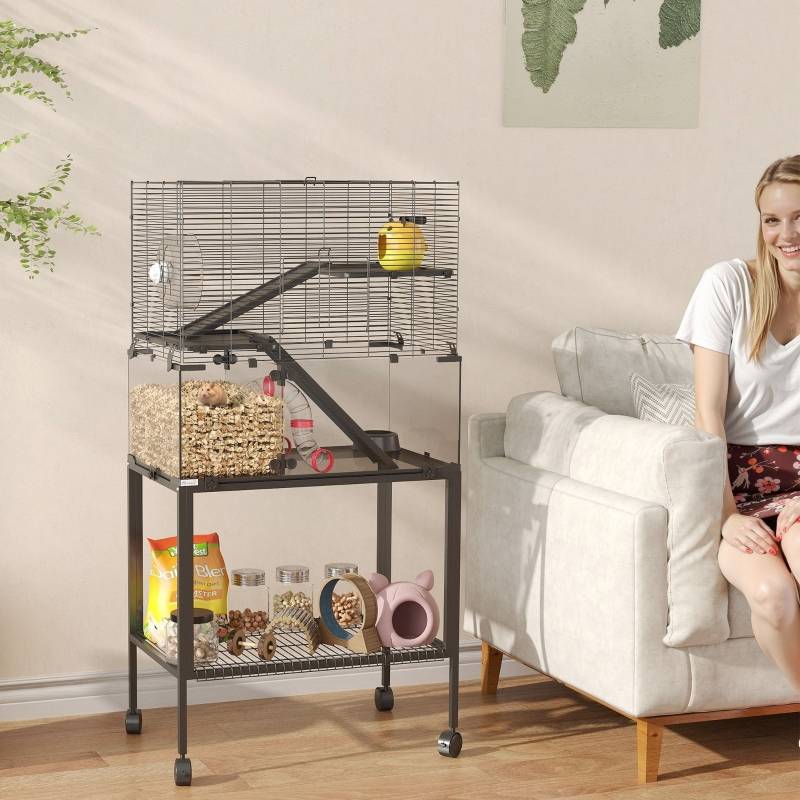 Cage pour hamster à 3 niveaux, avec roue, maison, rampes, plateforme, 77 x 49 x 130.5 cm, Noir - PANGIVO - Image 2