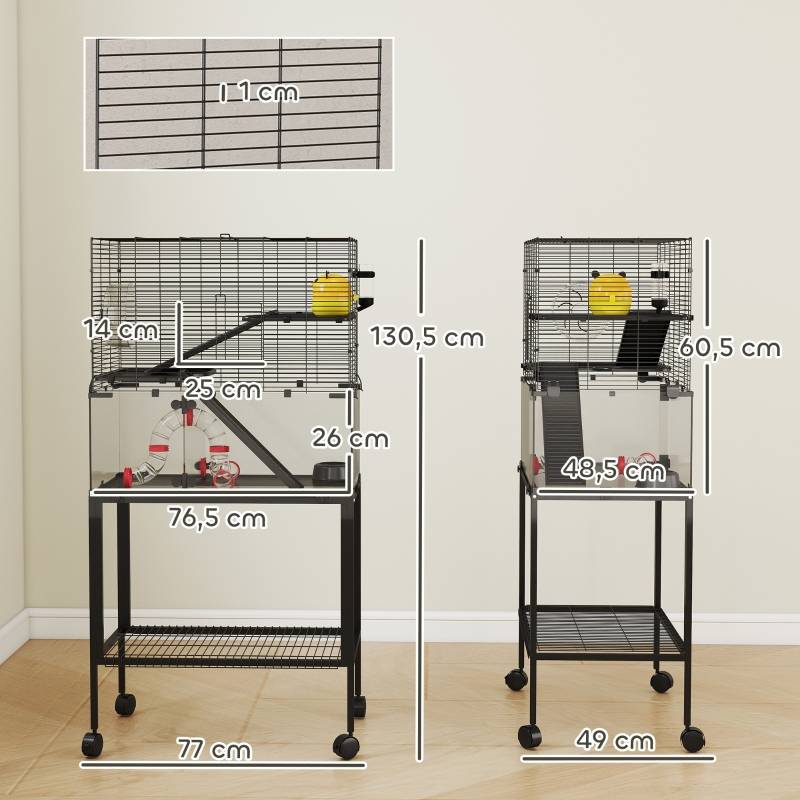 Cage pour hamster à 3 niveaux, avec roue, maison, rampes, plateforme, 77 x 49 x 130.5 cm, Noir - PANGIVO - Image 3