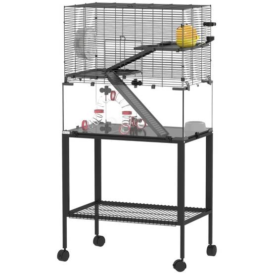 Cage pour hamster à 3 niveaux, avec roue, maison, rampes, plateforme, 77 x 49 x 130.5 cm, Noir - PANGIVO - Image 1