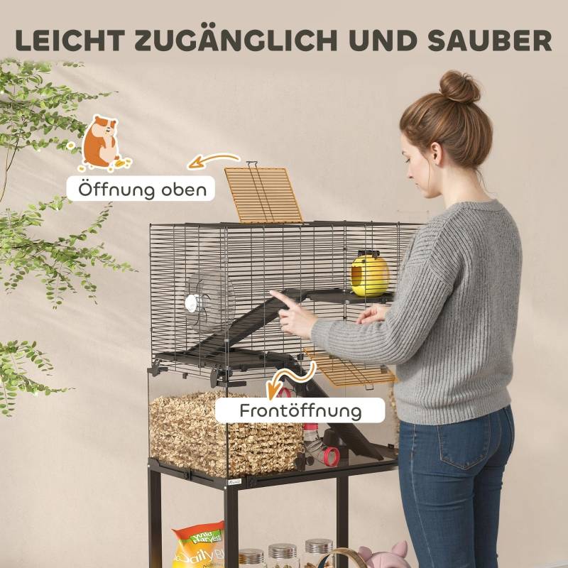 Cage pour hamster à 3 niveaux, avec roue, maison, rampes, plateforme, 77 x 49 x 130.5 cm, Noir - PANGIVO - Image 8