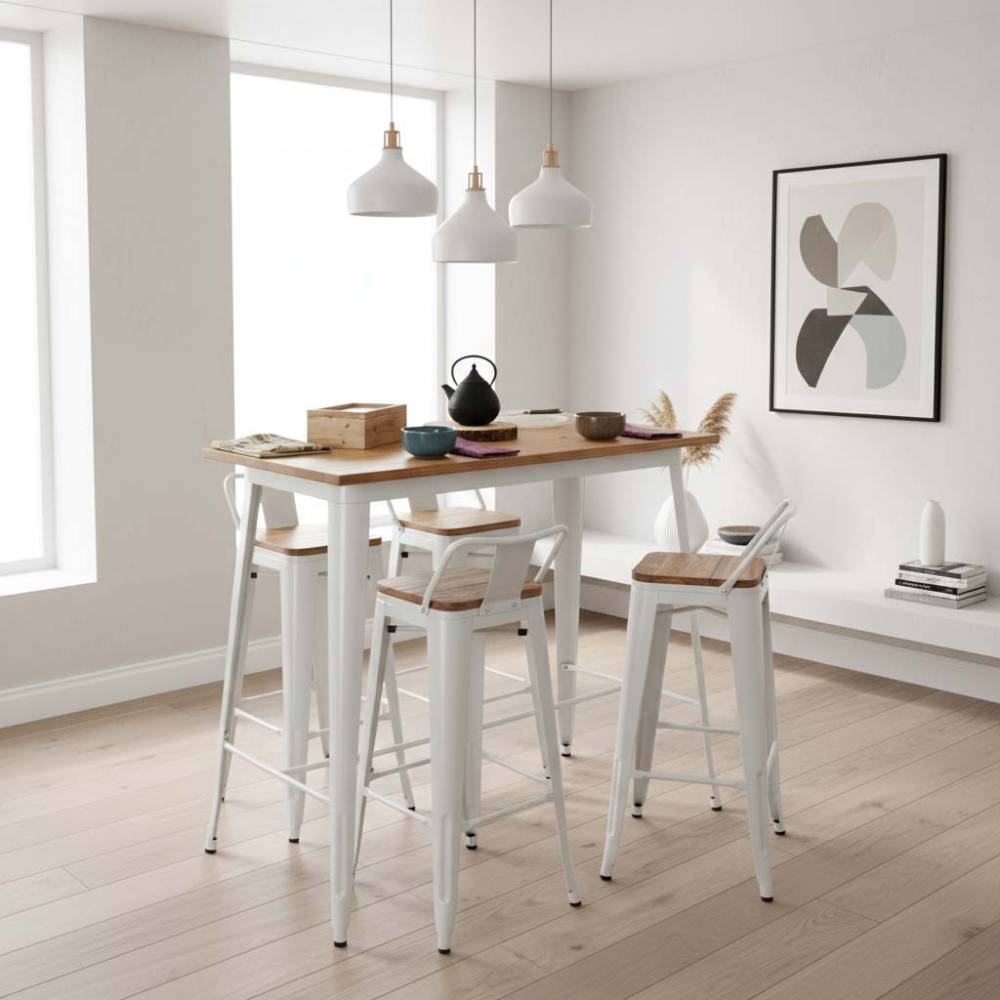Aubry Gaspard - Tabouret de bar en métal laqué et bois d'orme huilé (Lot de 4) - Imagen 2