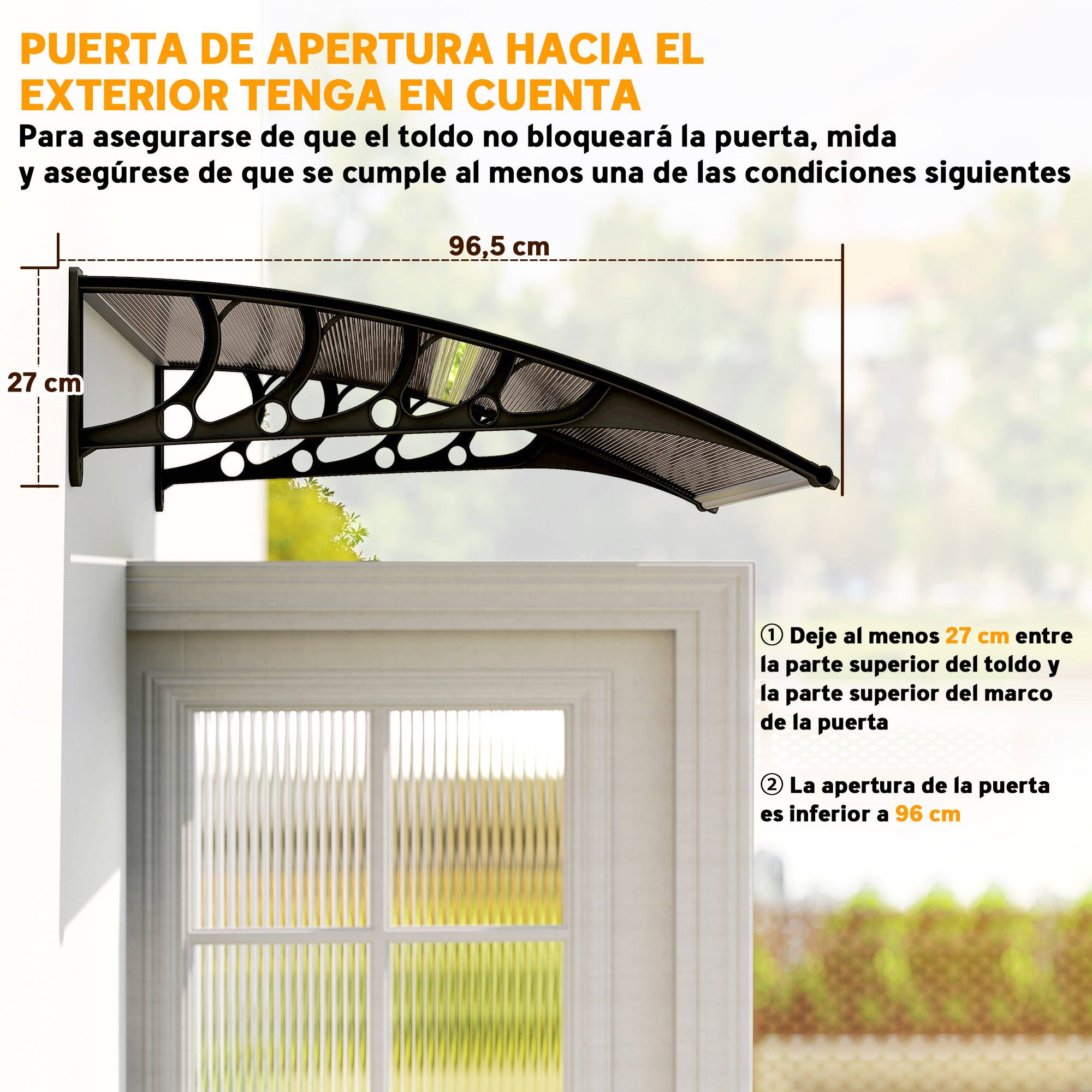 Auvent Extérieur pour Porte et Fenêtre 103 x 96,5 x 27 cm, Protection Soleil et Pluie, Support Aluminium, Polycarbonate Brun - Image 8