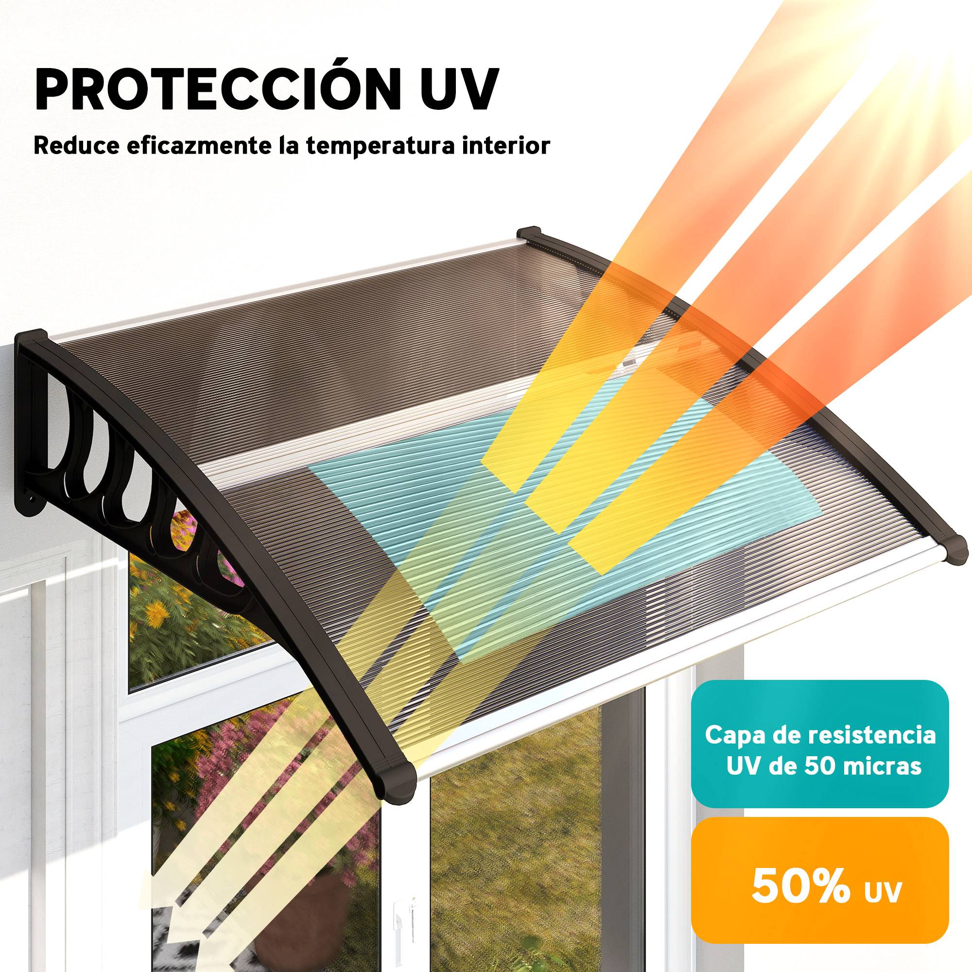 Auvent Extérieur pour Porte et Fenêtre 103 x 96,5 x 27 cm, Protection Soleil et Pluie, Support Aluminium, Polycarbonate Brun - Image 5