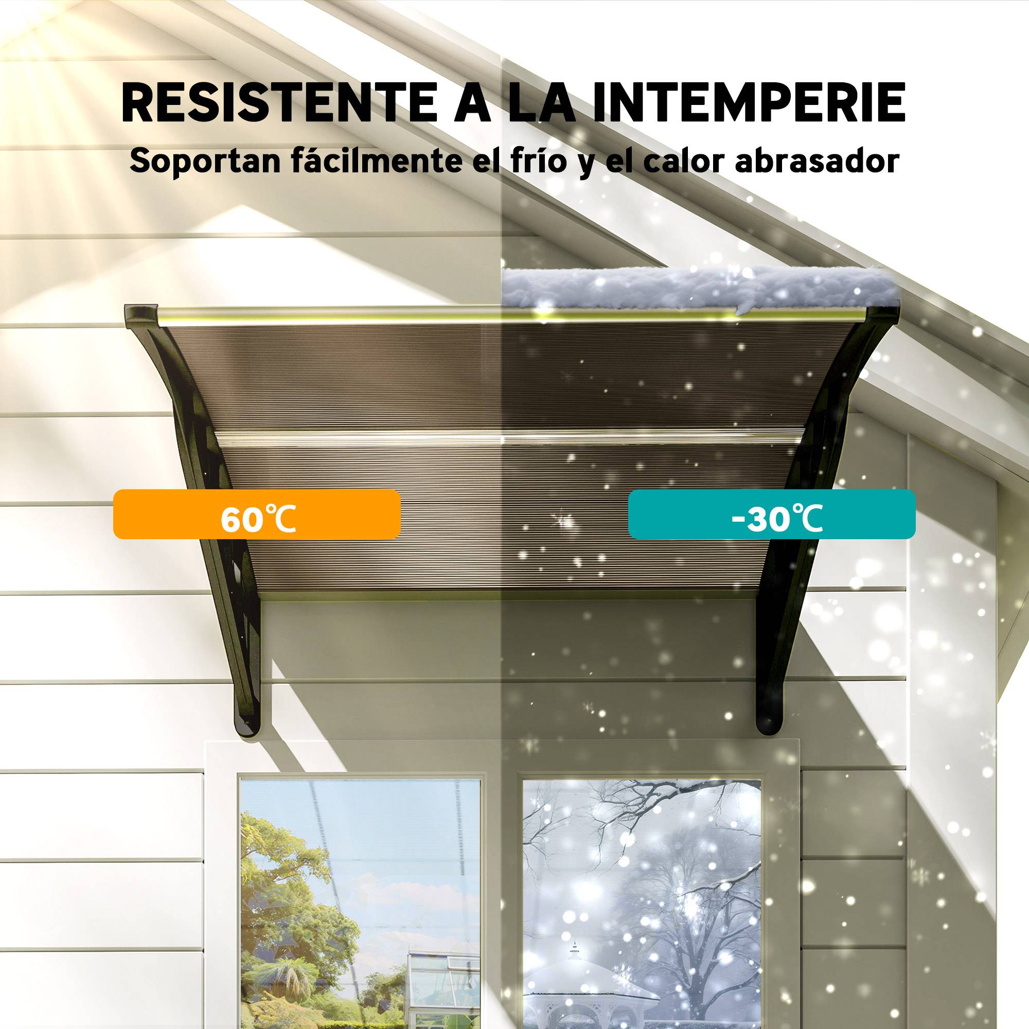 Auvent Extérieur pour Porte et Fenêtre 103 x 96,5 x 27 cm, Protection Soleil et Pluie, Support Aluminium, Polycarbonate Brun - Image 7