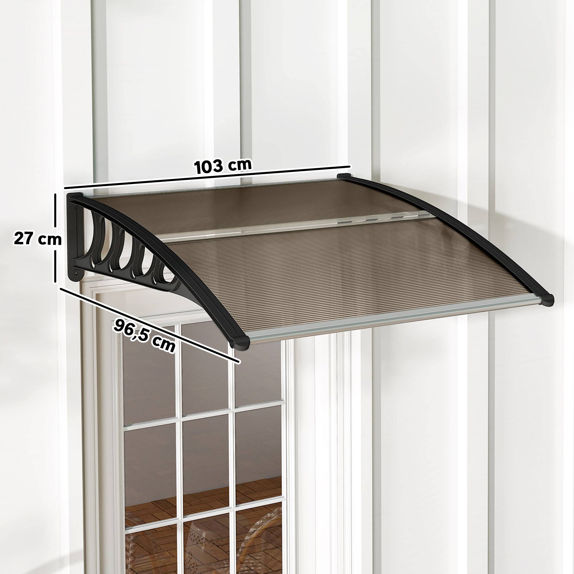 Auvent Extérieur pour Porte et Fenêtre 103 x 96,5 x 27 cm, Protection Soleil et Pluie, Support Aluminium, Polycarbonate Brun - Image 4