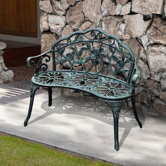 ComfortXL - Banc de jardin 2 places métal vert antique 100 x 54 x 78 cm dossier floral ventilé et structure résistante - Image 8