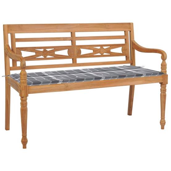 Helloshop26 - Banc de jardin meuble de patio d'extérieur terrasse avec coussin à carreaux gris 120 x 51,5 x 84 cm bois de teck - Imagen 1