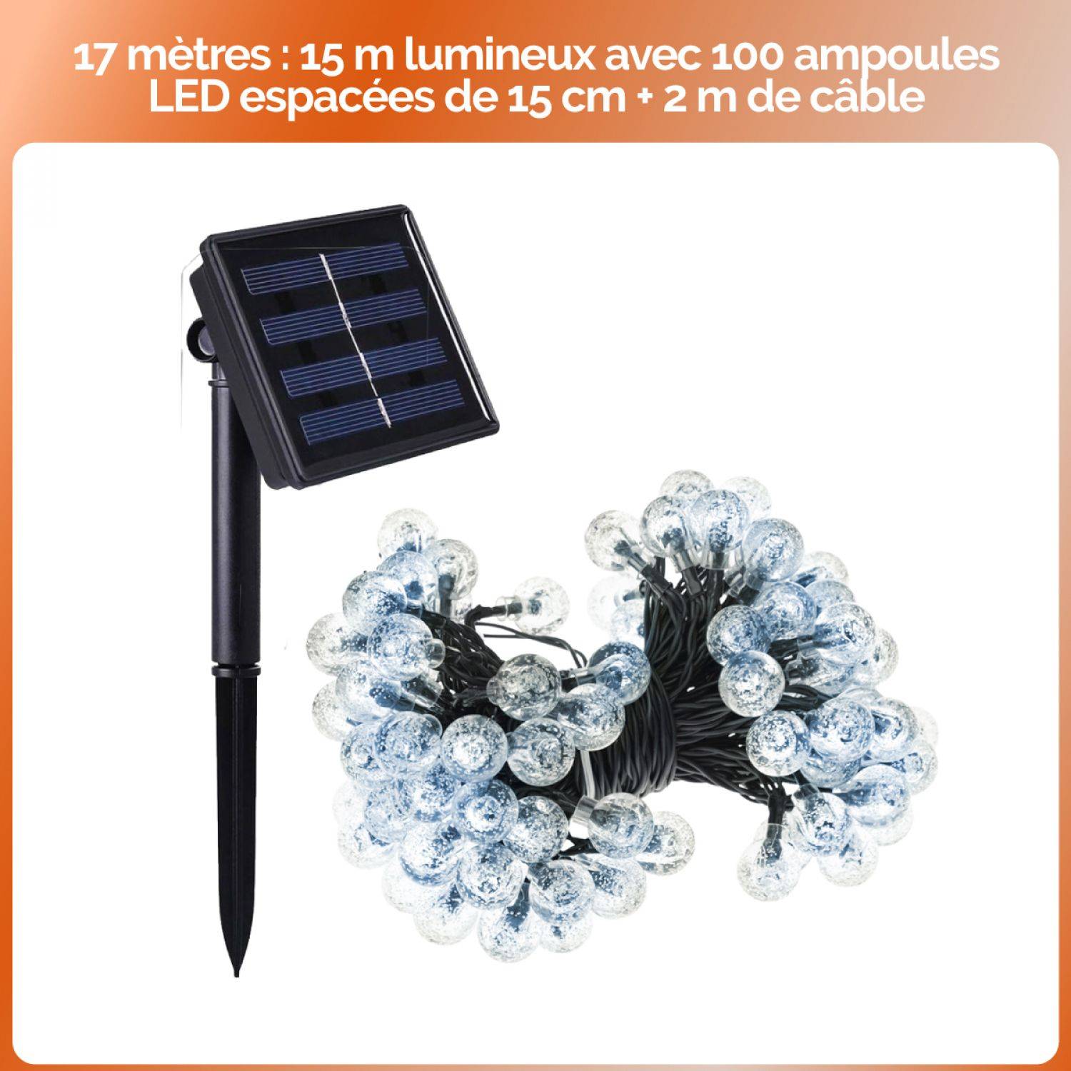 Linxor - Guirlande solaire extérieure lumineuse jardin, terrasse - Grosses ampoules LED Ø 2.2 cm, 8 modes - 17 m - Blanc froid - Linxor - Image 2