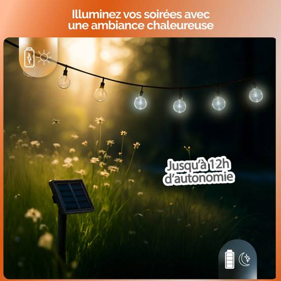 Linxor - Guirlande solaire extérieure lumineuse jardin, terrasse - Grosses ampoules LED Ø 2.2 cm, 8 modes - 17 m - Blanc froid - Linxor - Image 4