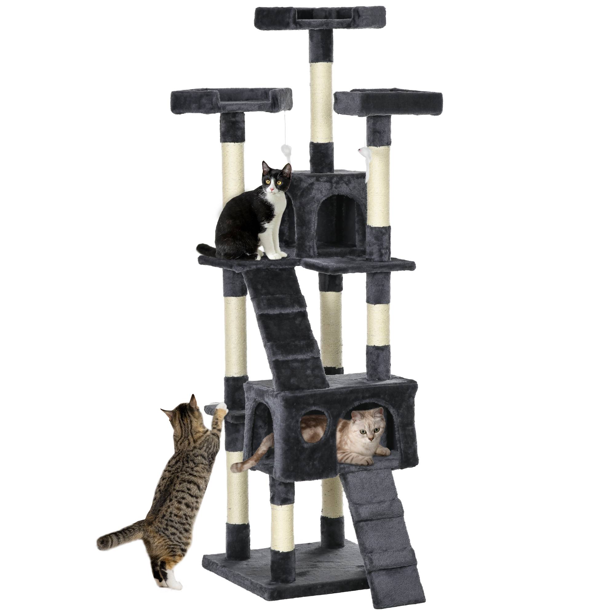 Arbre à Chat XXL Tour à Griffer Multi-Niveaux avec Niches et Poteaux Sisal 173 cm Gris Foncé - ComfortXL Outdoor Living