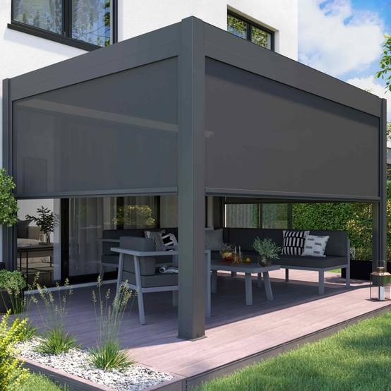 Oviala - Pergola bioclimatique autoportée motorisée éclairée 3x4m et 2 stores Kavala - Oviala - Imagen 1