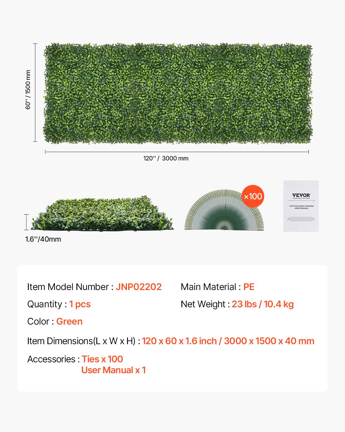 VEVOR Mur végétal artificiel 300x150 cm, herbe de Milan, brise-vue. - Image 7