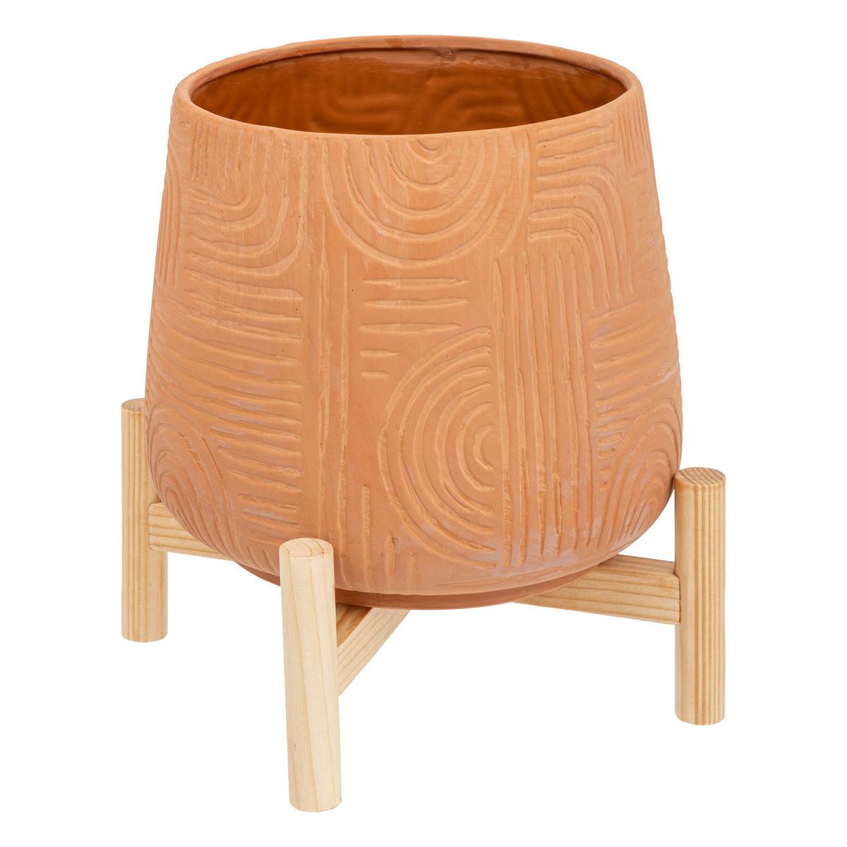 Cache pot en Terre cuite  sculptée de motifs sur support en Bambou D 20 cm - Imagen 1