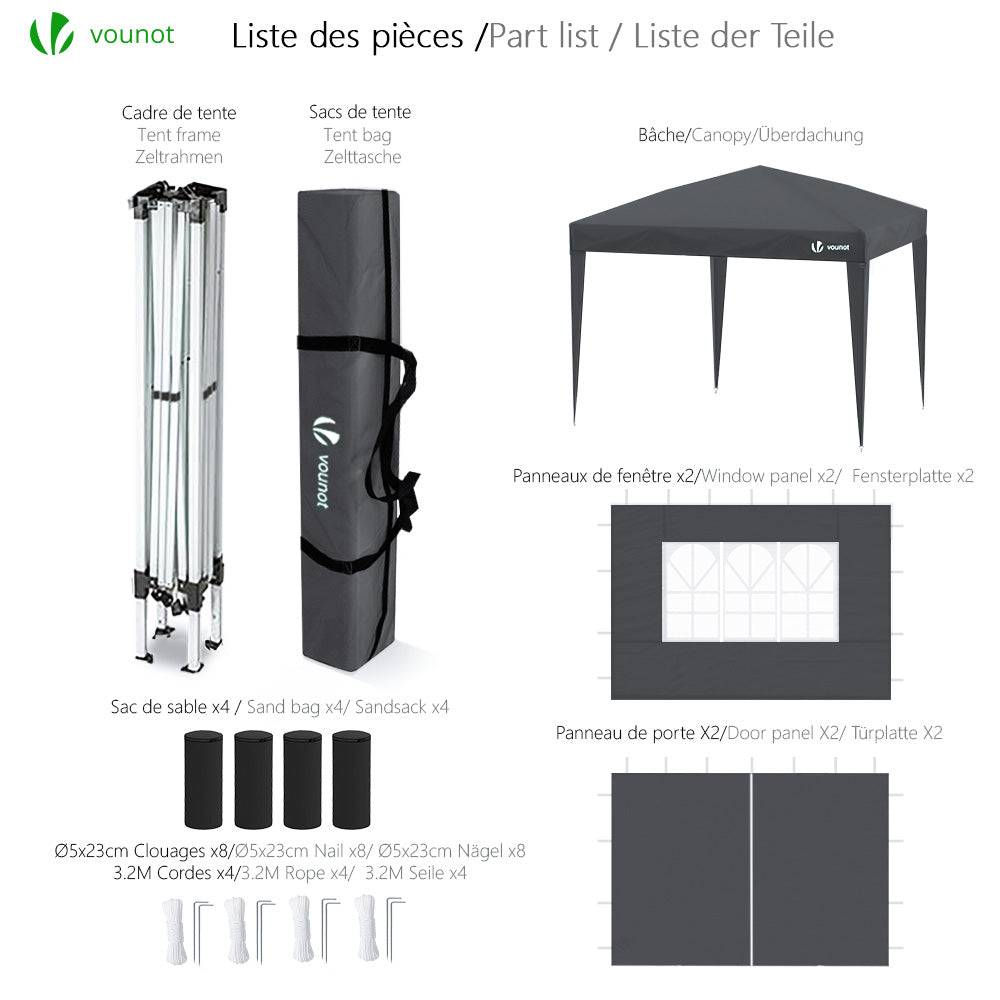 VOUNOT® Tonnelle de jardin 3x3m pliable avec portes et fenêtres et sac de transport gris - Image 2