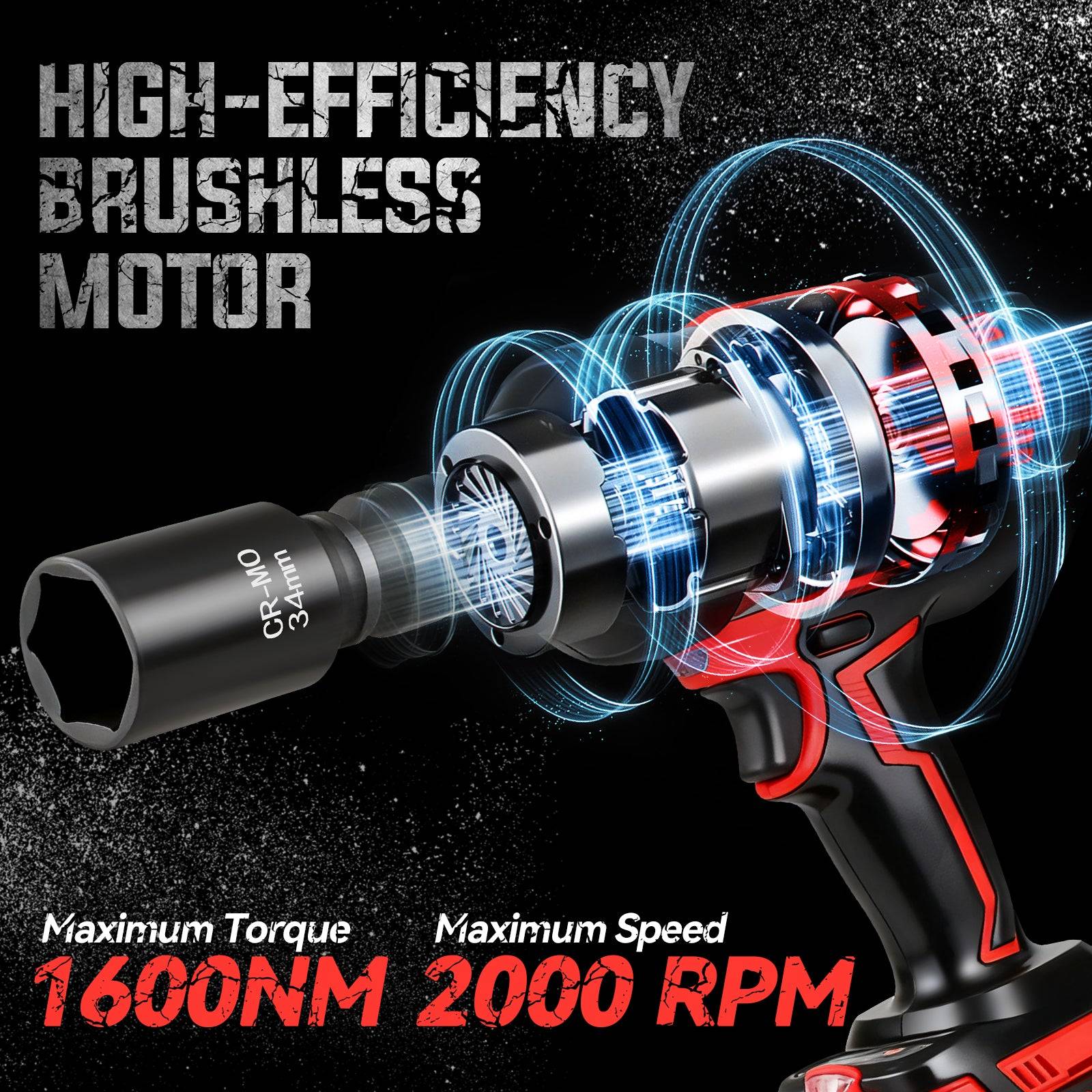Clé à Chocs Sans Fil Brushless 3/4 de Pouce Sans Fil Brushless, Couple Max 1600 N·m, 2 Batteries 4.0 Ah, Tête Pivotante 90°, Base Rotative 180° - Image 3