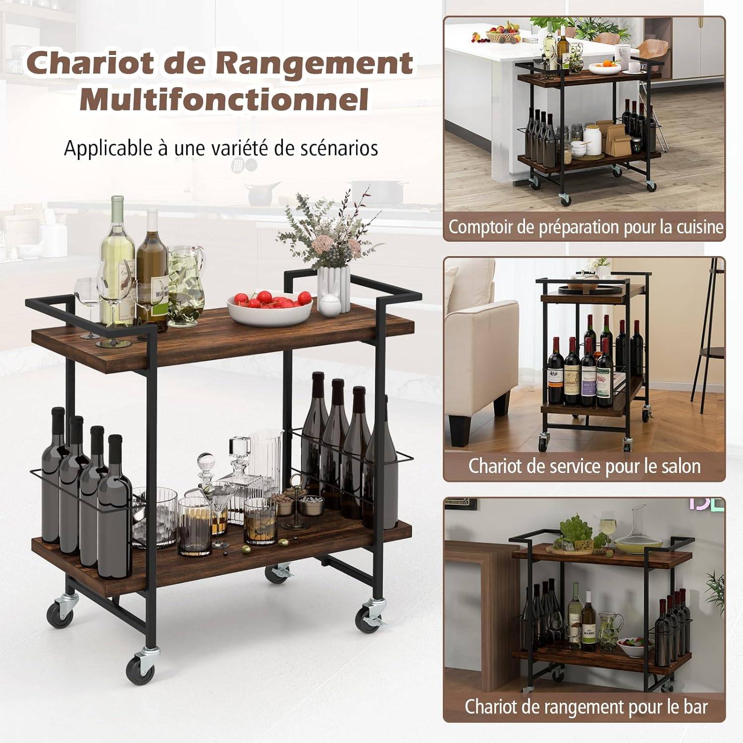 Chariot De Service En Bois Sur Roulettes DARO DEKO, Buffet à Vin 3 étagères, Marron, 86x78 Cm