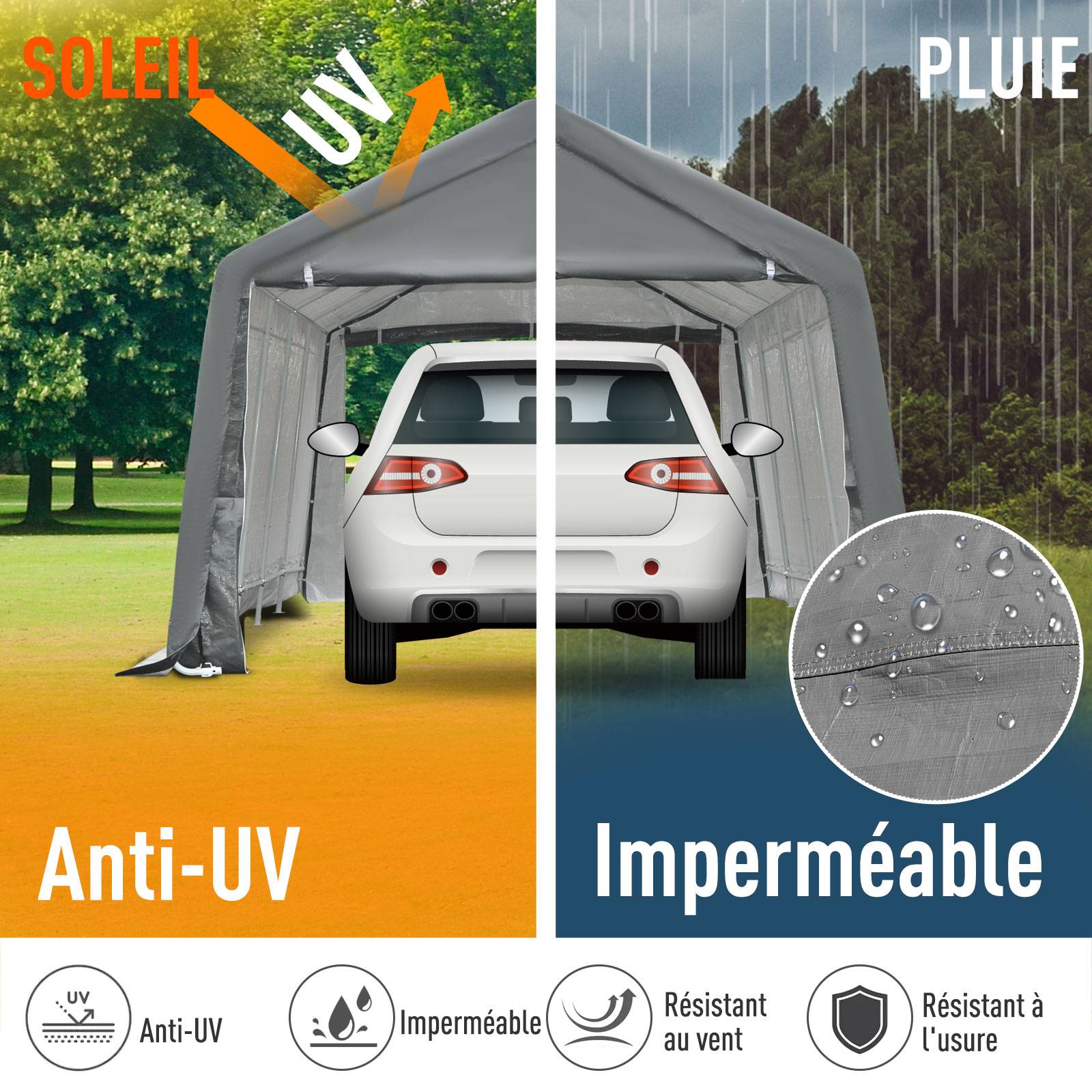Outsunny - Tente garage carport dim. 6L x 3,6l x 2,75H m acier galvanisé robuste PE haute densité 195 g/m² imperméable anti-UV blanc gris - Outsunny - Imagen 4