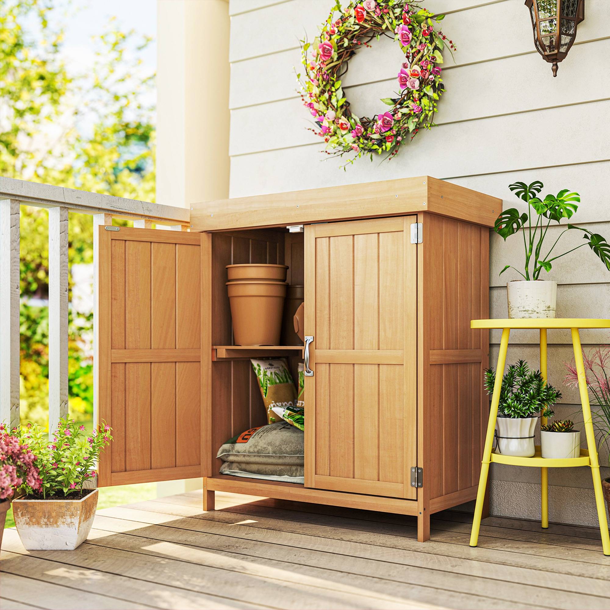 Armoire sapin résistante, 74x43x88 cm, double porte, 2 compartiments, naturel - Image 3
