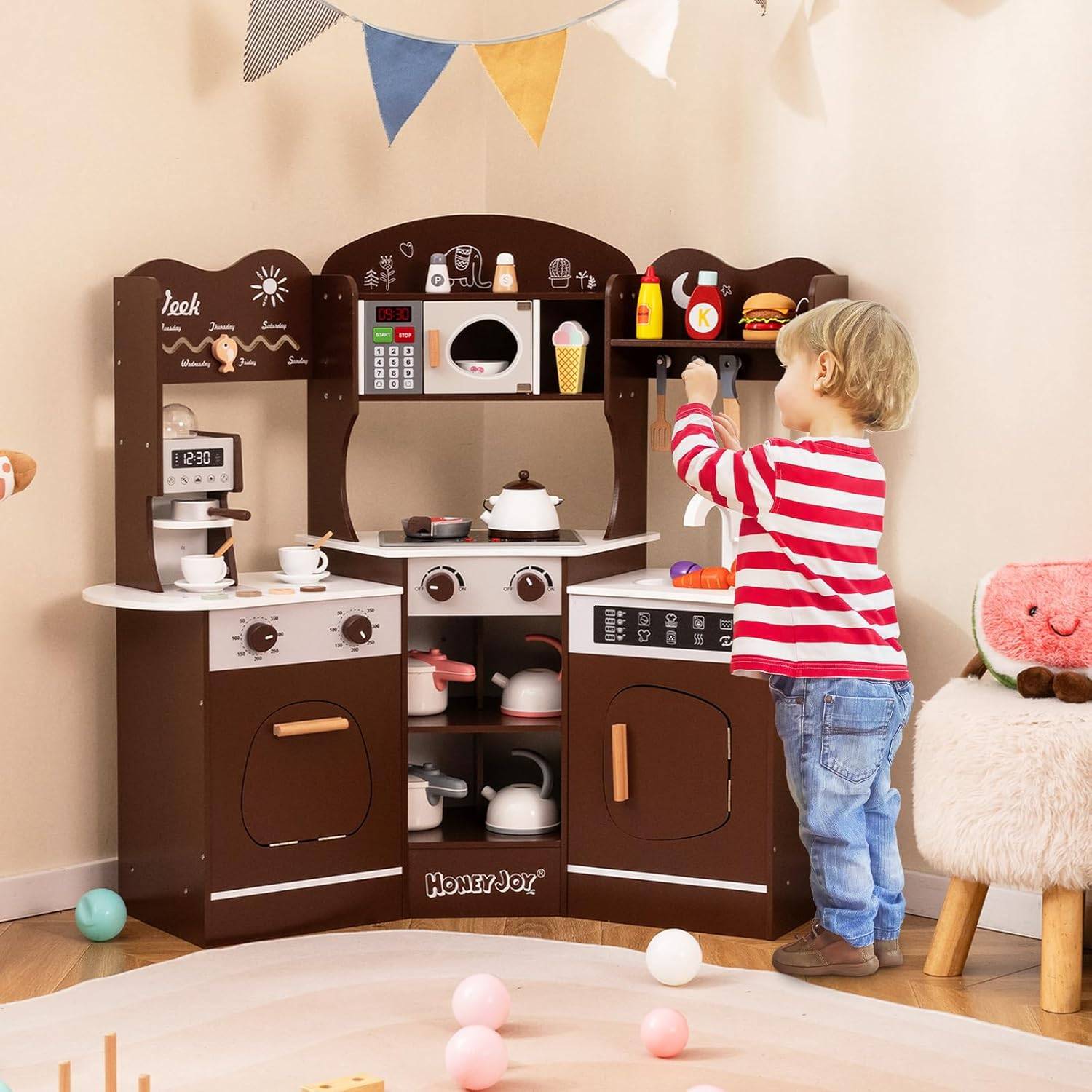 Cuisine de Jeu pour Enfants de 3 Ans+ Jouets en Bois Avec Hotte Machine à Glaçons Evier Robinet Micro-ondes Four Ustensiles Sons Blanc/Marron Cuisine de Jeu pour Enfants de 3 Ans+ Jouets en Bois Avec Hotte Machine à Glaçons Evier Robinet Micro-ondes Four Ustensiles Sons Blanc/Marron