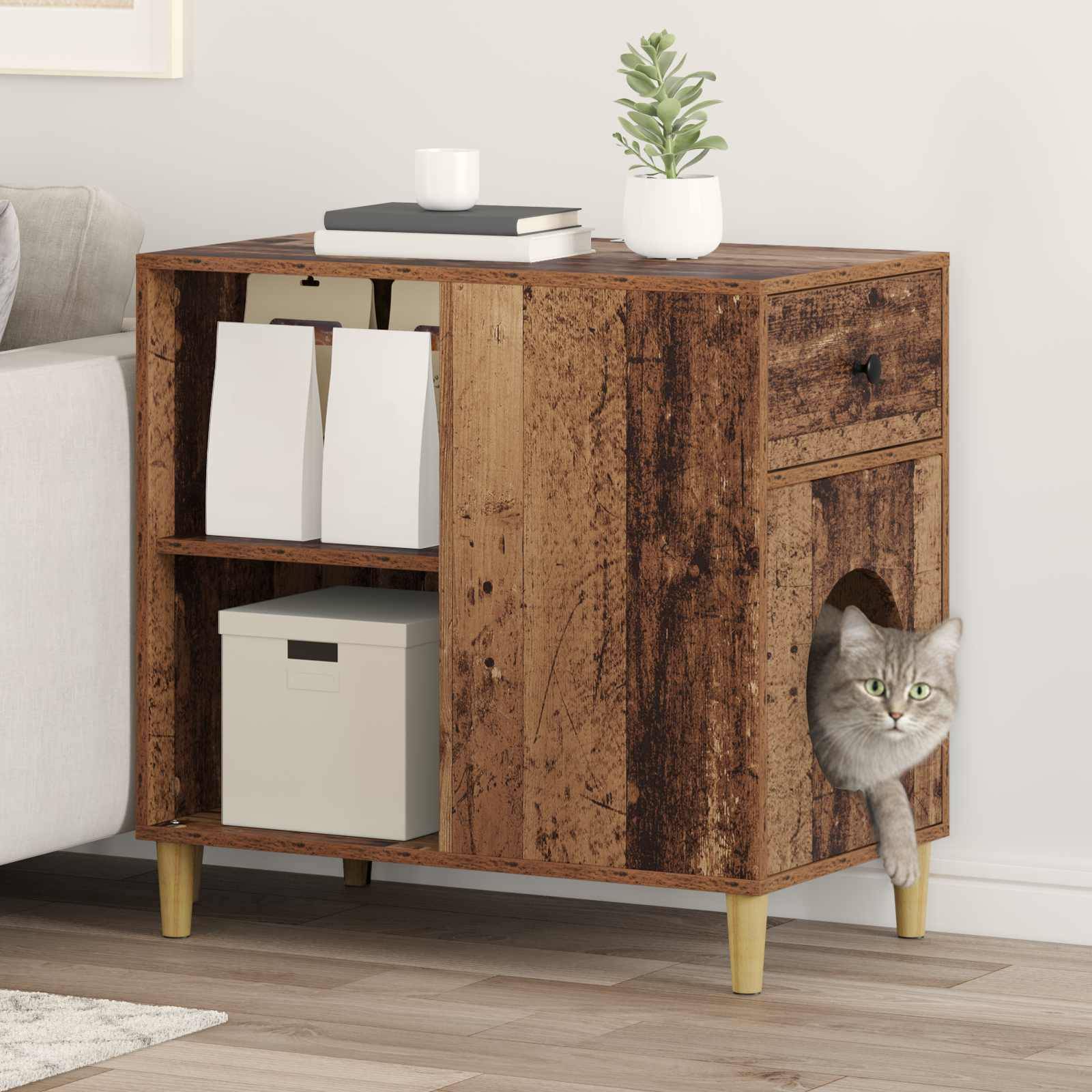 Grande Maison Chat Bois Ancien Brun 72cm pour Grand Chat Déco Salon - ComfortXL Outdoor Living - Image 1