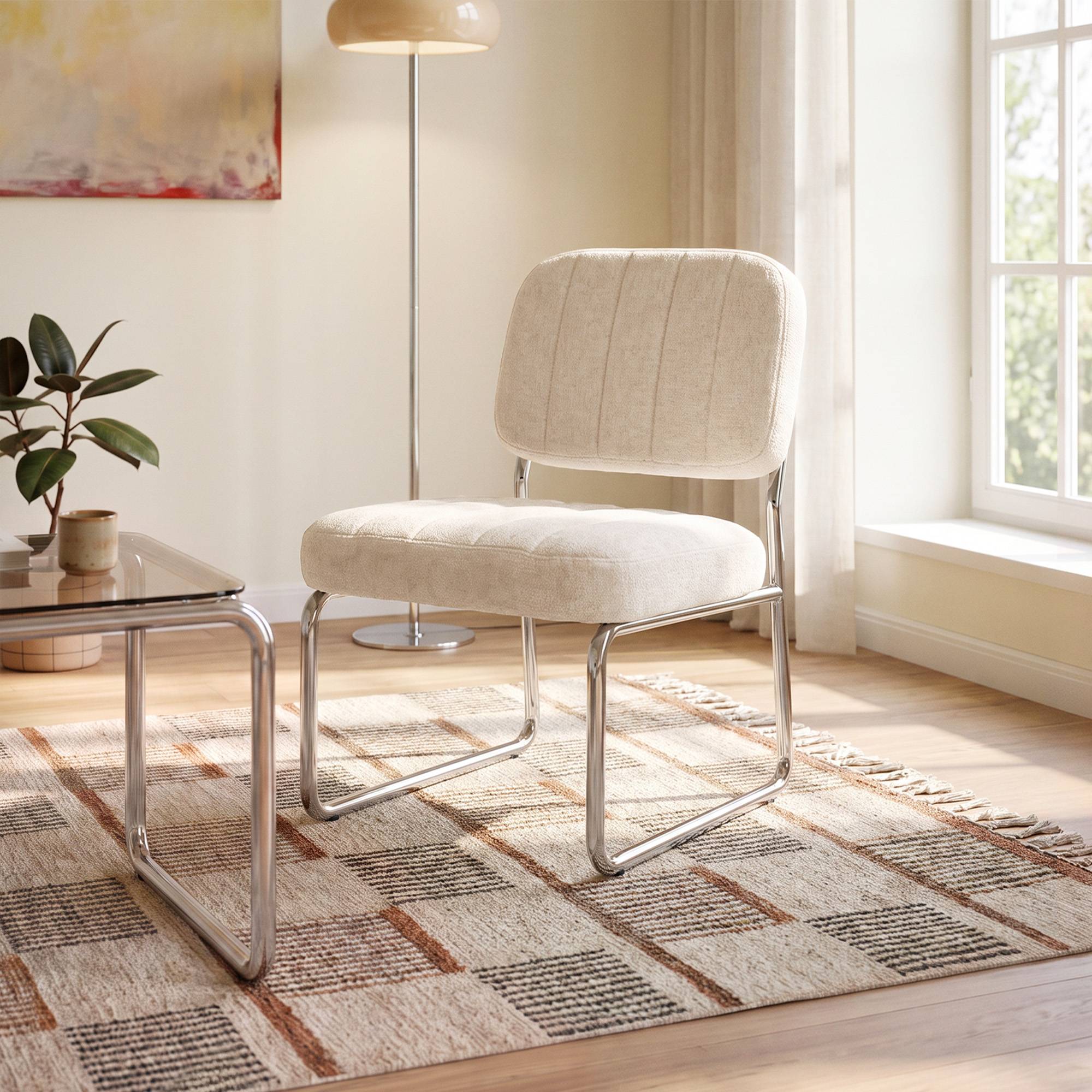 Sicaan Fauteuil beige rembourré pieds chromés et tissu chenille - PAOLA - Image 1