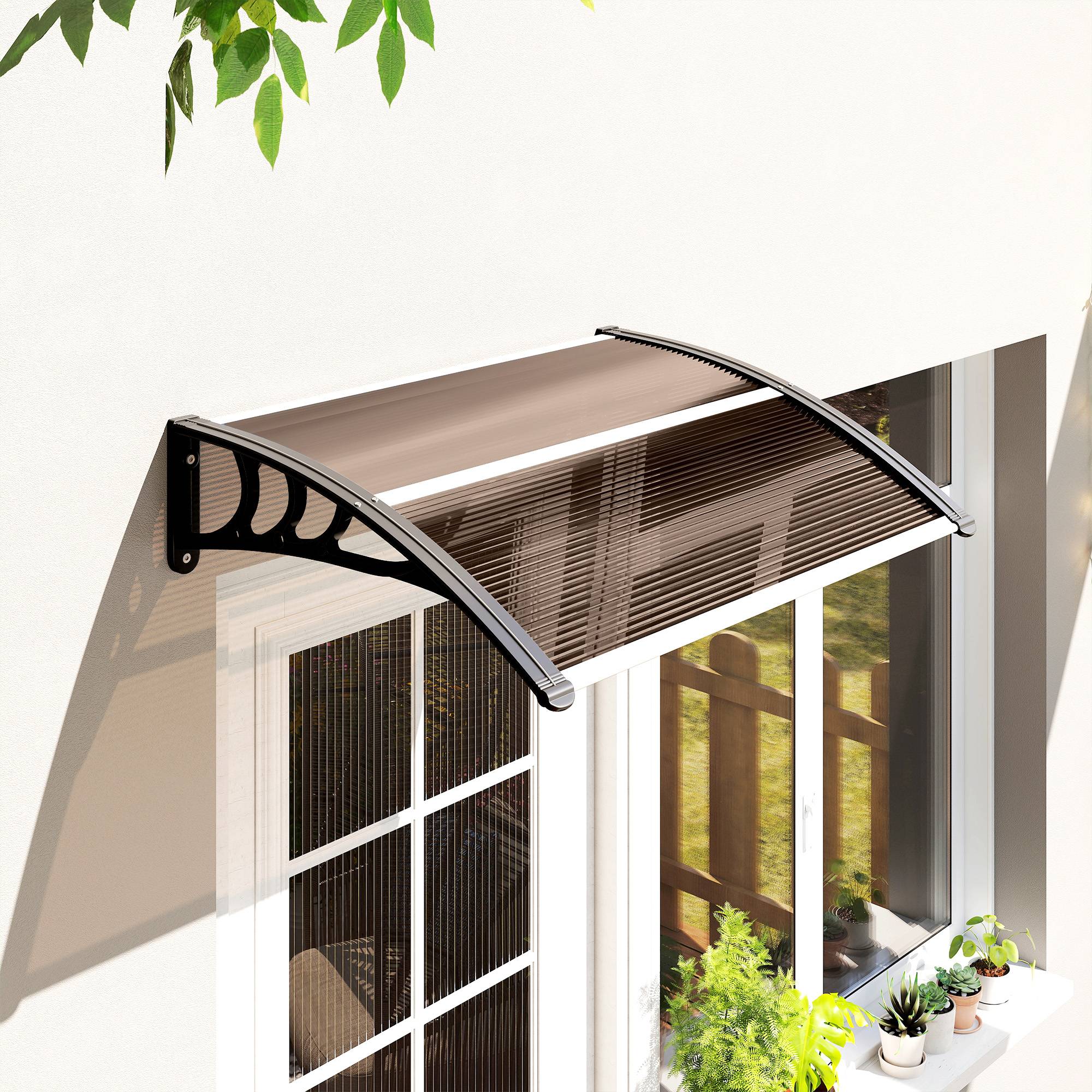 Auvent porte fenêtre polycarbonate aluminium protection pluie 75x100cm marron noir - ComfortXL Outdoor Living - Image 3