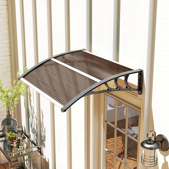 Auvent porte fenêtre polycarbonate aluminium protection pluie 75x100cm marron noir - ComfortXL Outdoor Living - Image 4