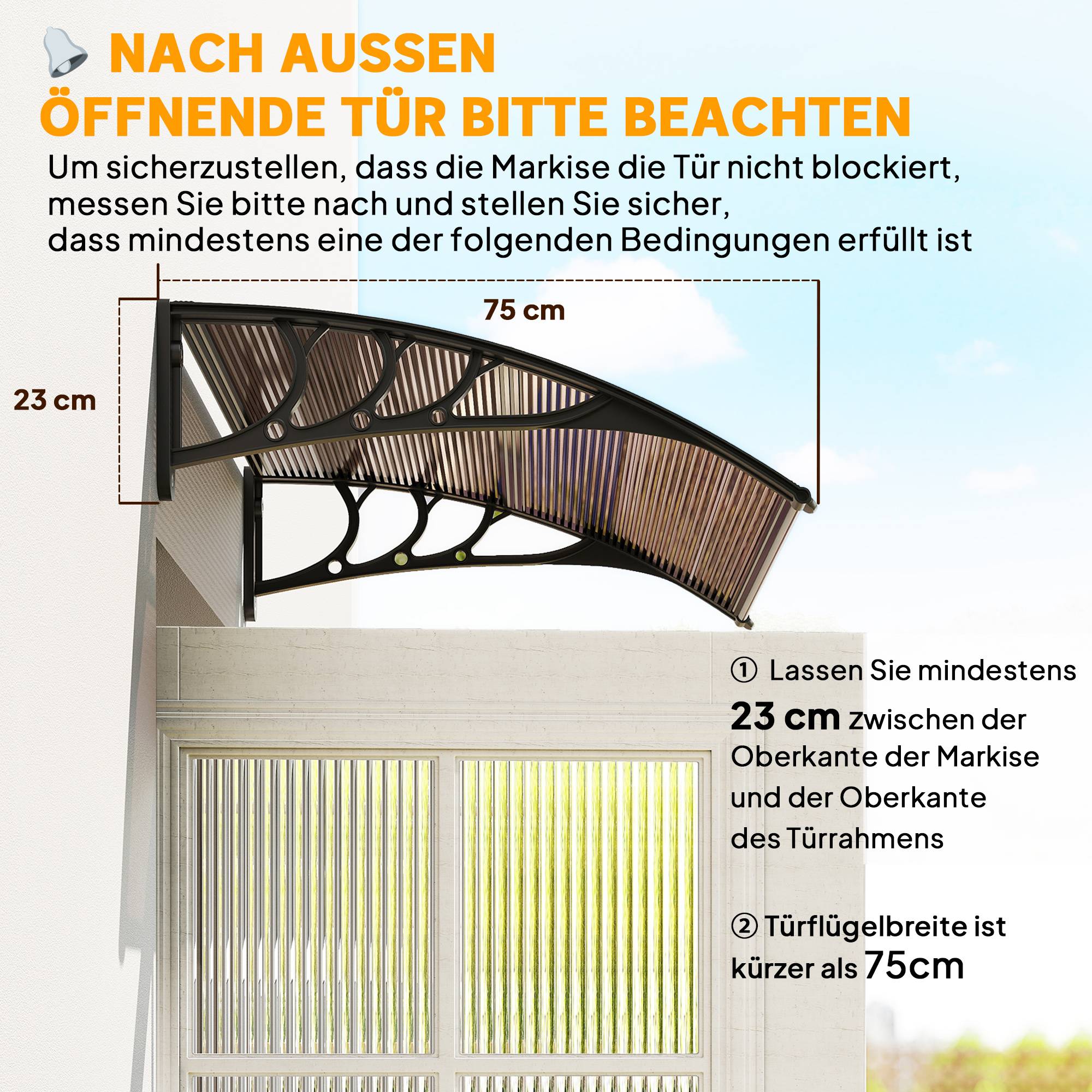 Auvent porte fenêtre polycarbonate aluminium protection pluie 75x100cm marron noir - ComfortXL Outdoor Living - Image 9