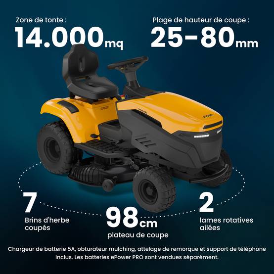 Stiga - Tracteur de pelouse électrique Tornado 398e, 56 V, Largeur 98 cm avec batteries ePower Pro, pour surfaces jusqu'à 7000 m² - STIGA - Image 7