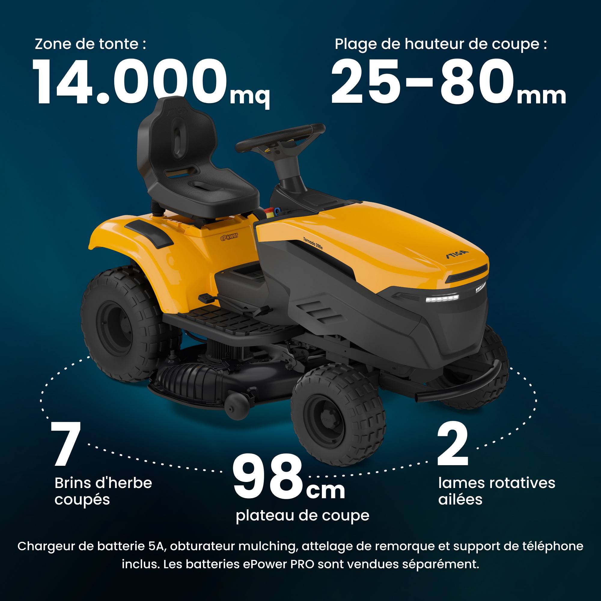 Stiga - Tracteur de pelouse électrique Tornado 398e, 56 V, Largeur 98 cm avec batteries ePower Pro, pour surfaces jusqu'à 7000 m² - STIGA - Image 7