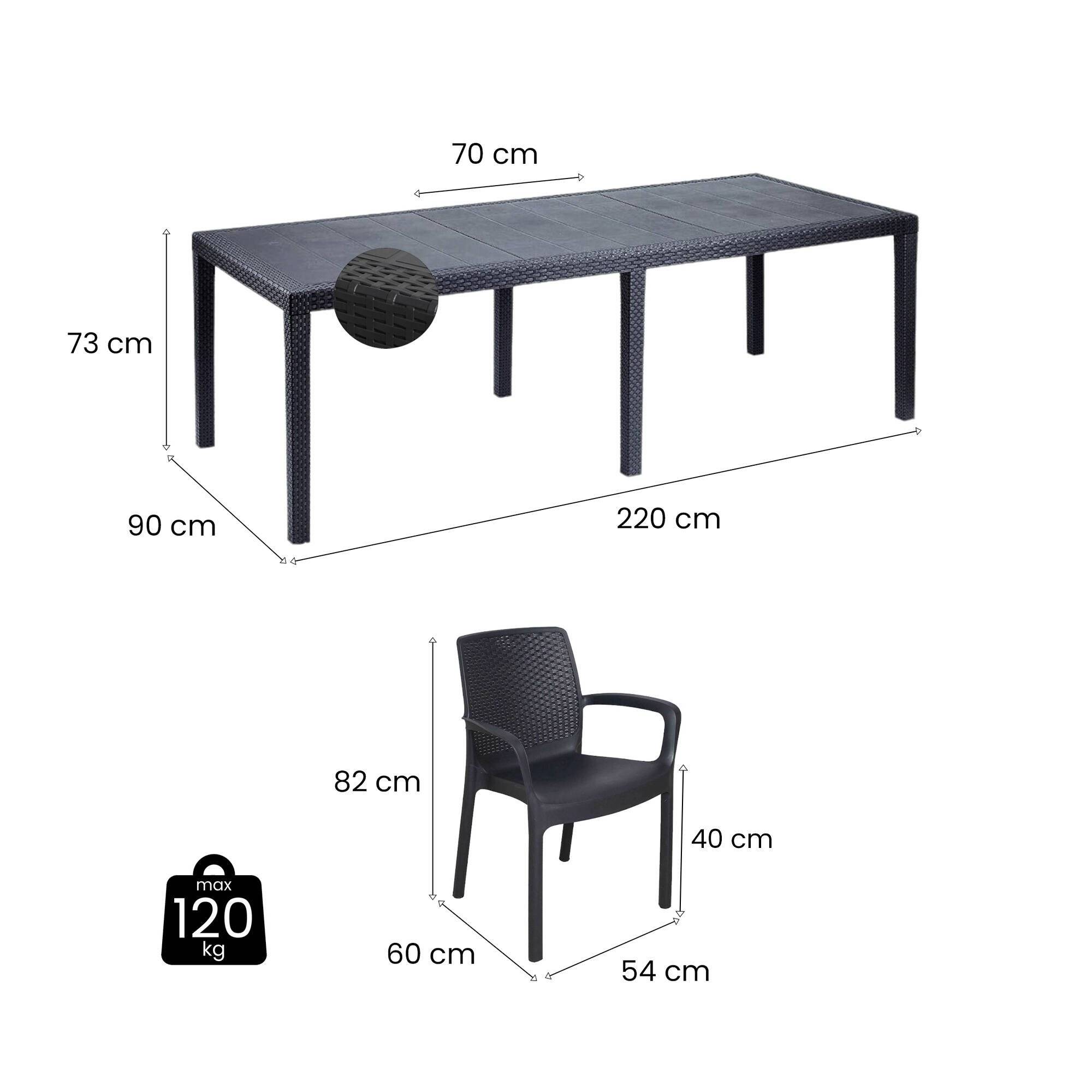 Dmora - Ensemble table et chaises Manarola, Étagère rectangulaire d'extérieur extensible avec 4 chaises effet rotin, Anthracite - Dmora - Imagen 3