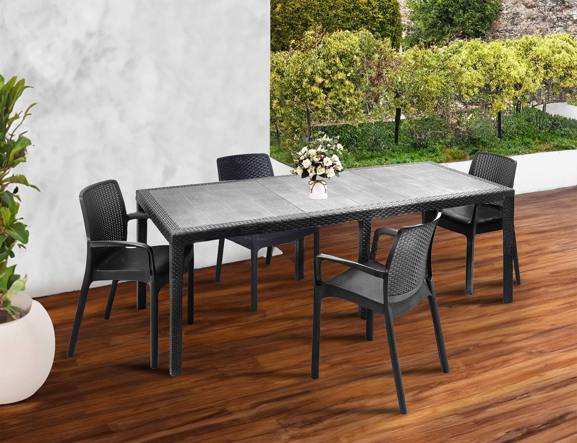 Dmora - Ensemble table et chaises Manarola, Étagère rectangulaire d'extérieur extensible avec 4 chaises effet rotin, Anthracite - Dmora - Imagen 2