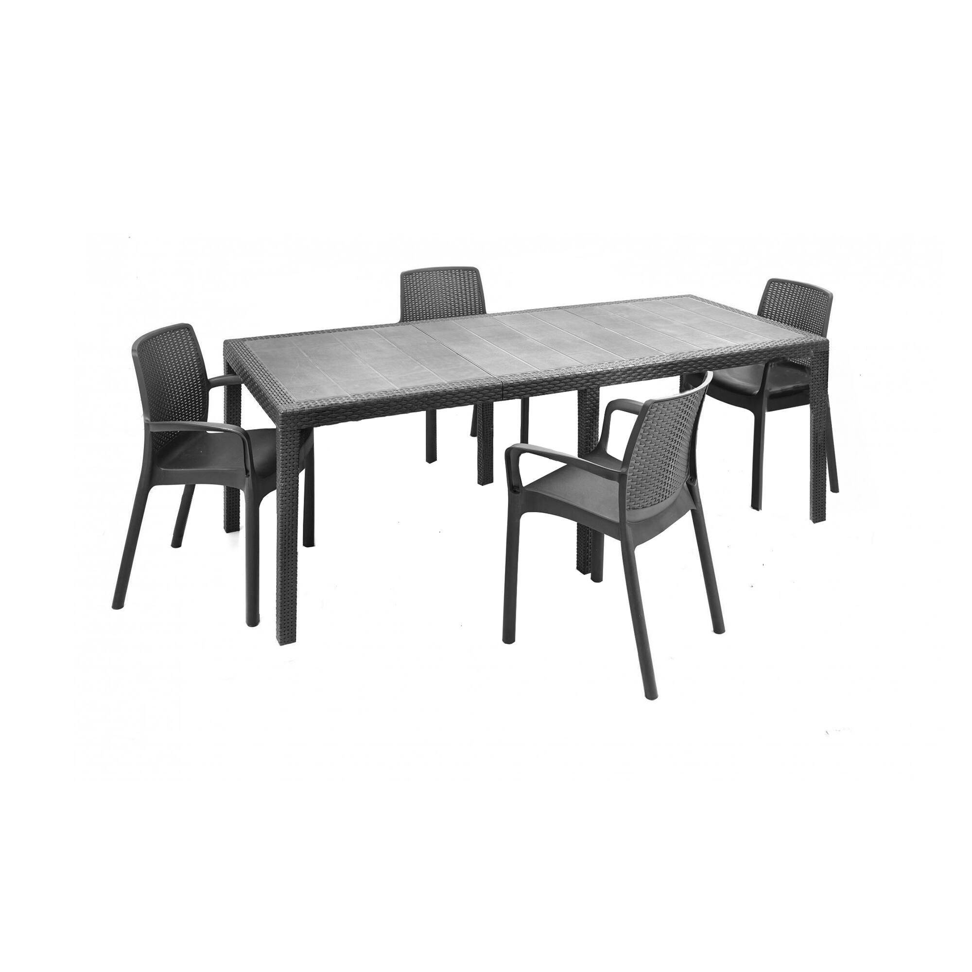Dmora - Ensemble table et chaises Manarola, Étagère rectangulaire d'extérieur extensible avec 4 chaises effet rotin, Anthracite - Dmora - Imagen 1