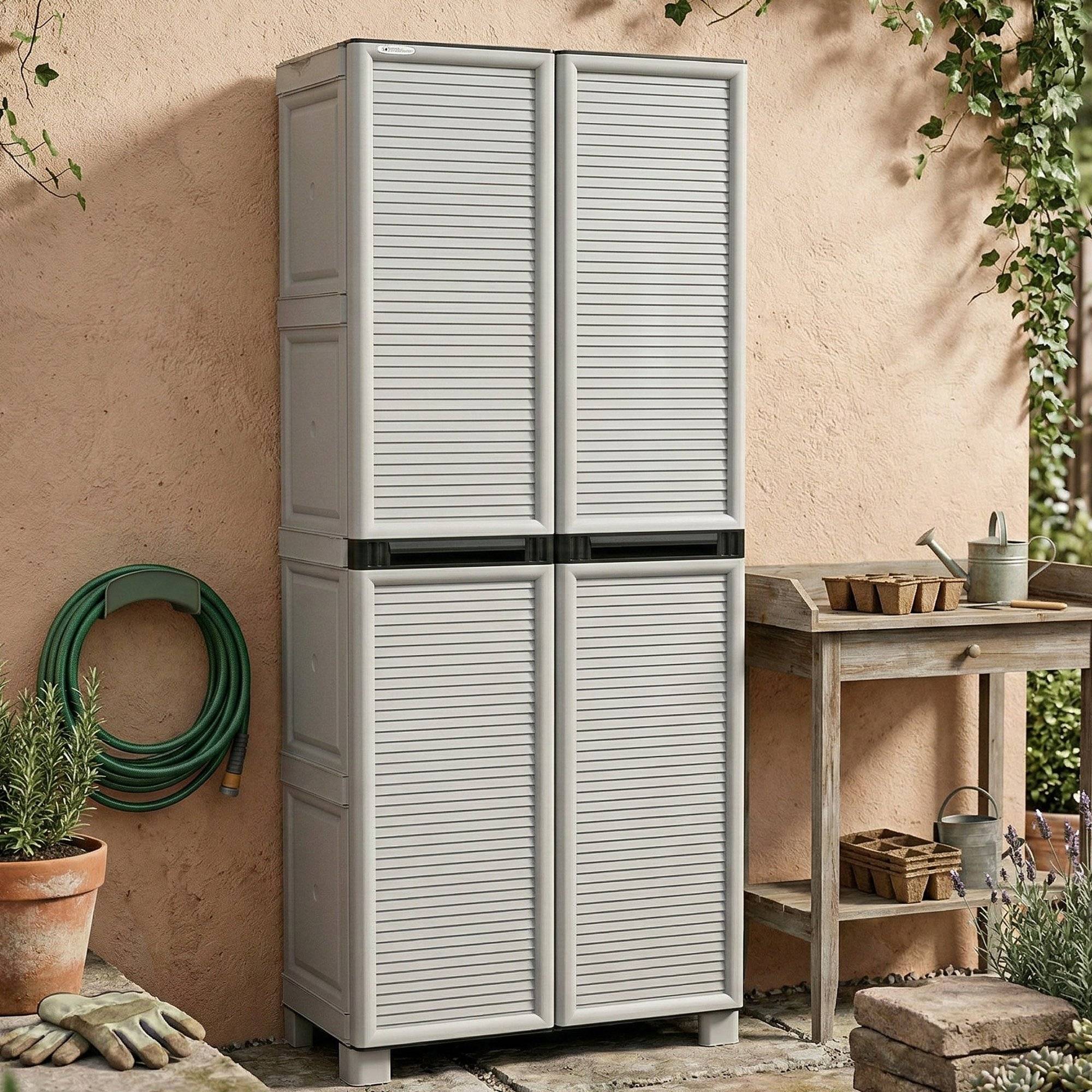 Dmora - Armoire d'extérieur Liège, Mobilier d'extérieur, Armoire de buanderie polyvalente, 100% Made in Italy, Gris clair, 70x39h172 cm - Dmora - Imagen 2