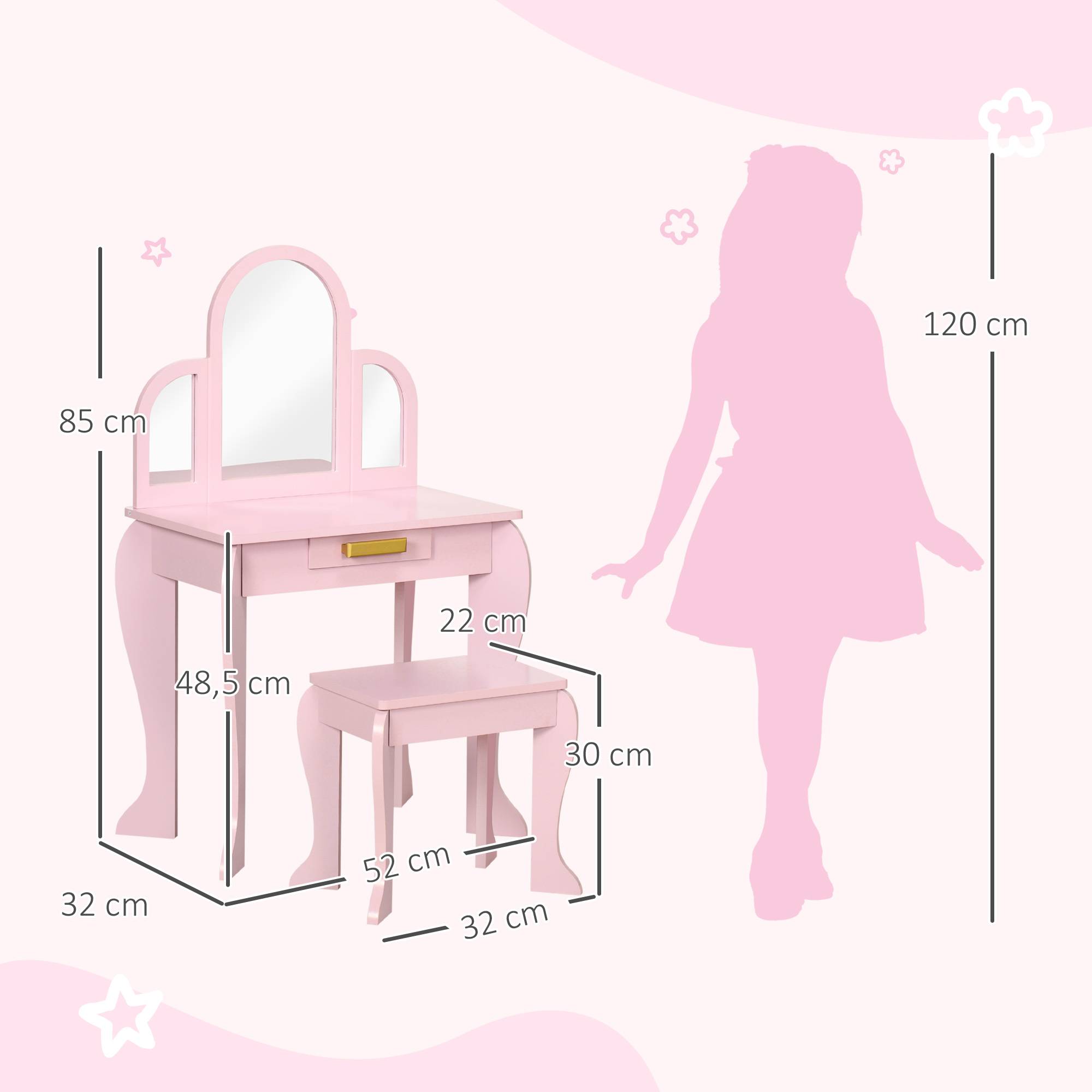 Sans Marque - Coiffeuse pour enfant avec tabouret 3 miroirs et tiroir 3 à 6 ans 52 x 32 x 85 cm rose - Image 5
