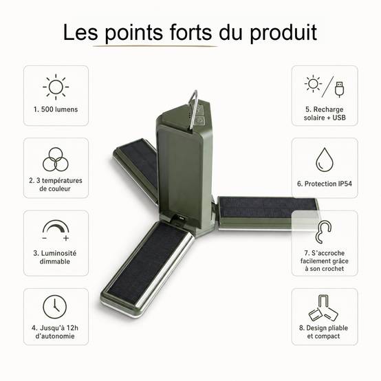 Lampe Parasol Solaire LED 500LM - Rechargeable USB & Solaire - Installation Facile pour Jardin & Terrasse - Groupe DDC - Image 8