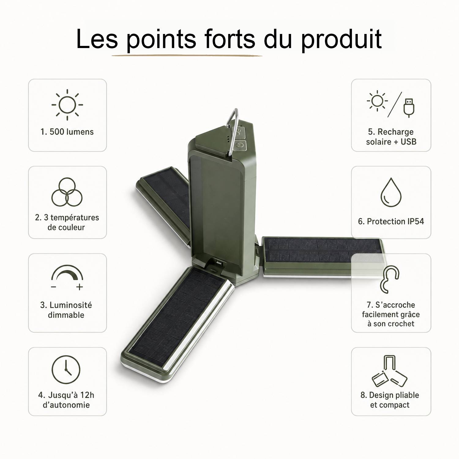 Lampe Parasol Solaire LED 500LM - Rechargeable USB & Solaire - Installation Facile pour Jardin & Terrasse - Groupe DDC - Image 8
