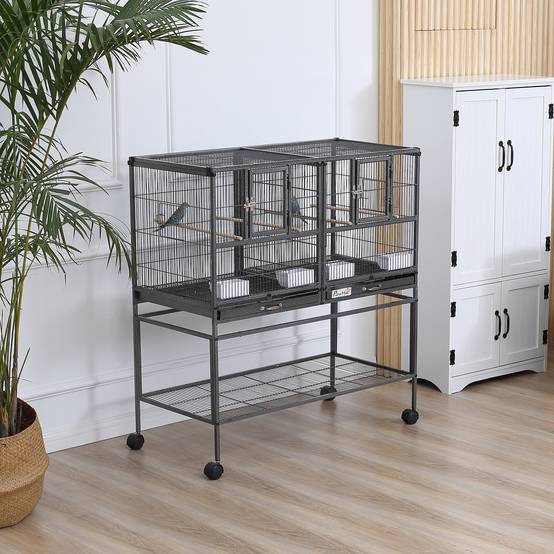 Double cage pour oiseaux en métal de qualité, bacs amovibles, support stable avec 4 roues et étagère, 95x45,5x102 cm, noir gris - Image 3