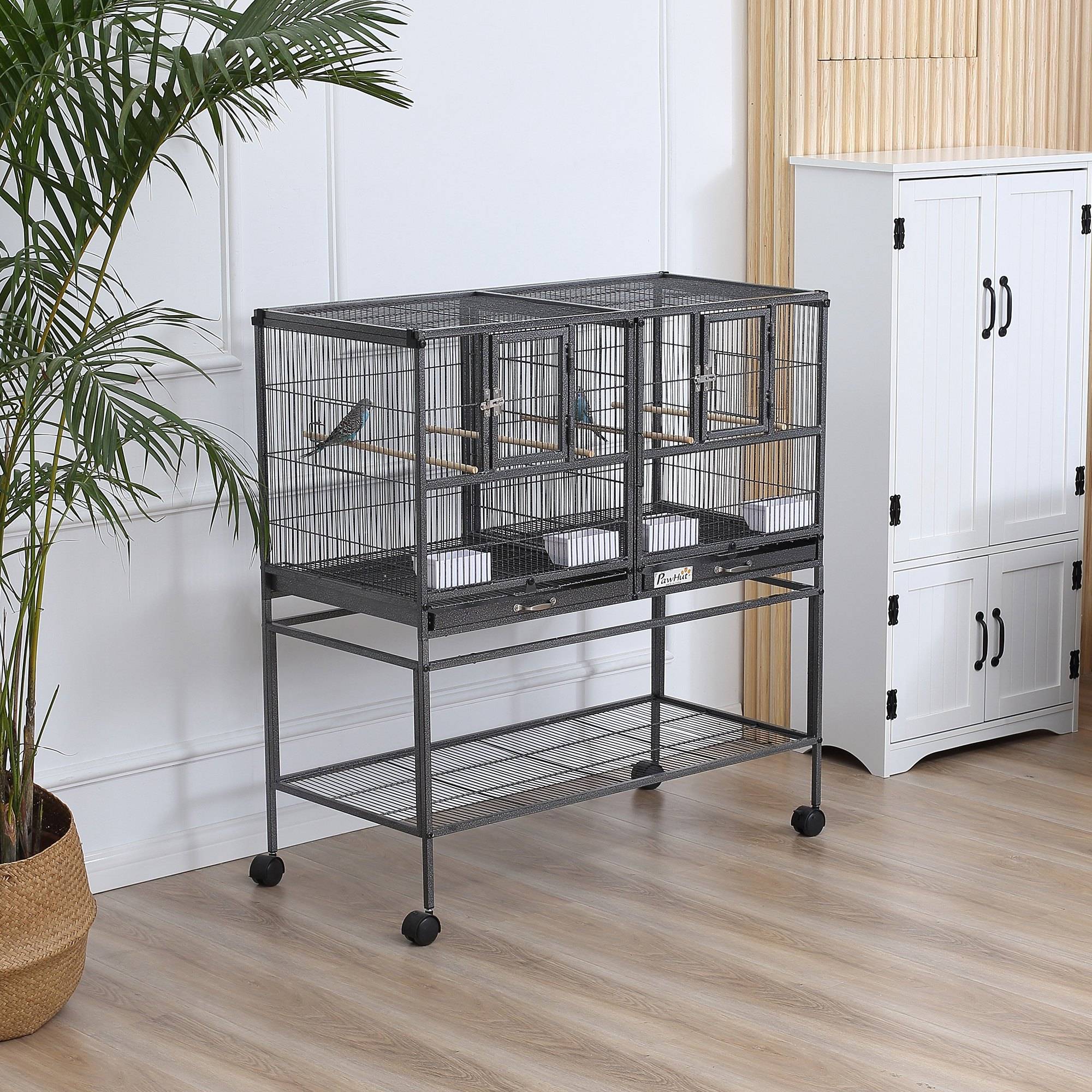 Double cage pour oiseaux en métal de qualité, bacs amovibles, support stable avec 4 roues et étagère, 95x45,5x102 cm, noir gris - Image 3