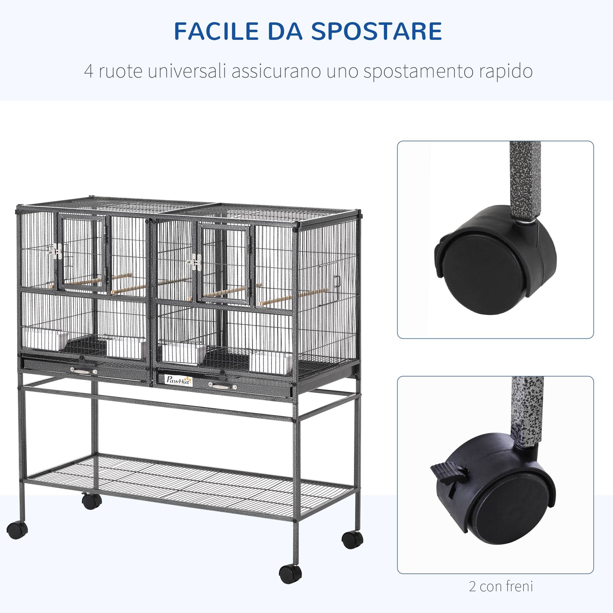 Double cage pour oiseaux en métal de qualité, bacs amovibles, support stable avec 4 roues et étagère, 95x45,5x102 cm, noir gris - Image 8